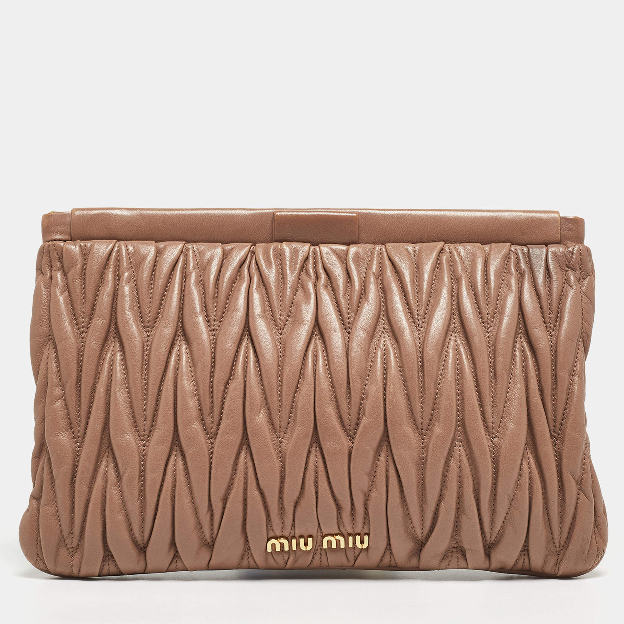Miu Miu Beige Matelasse Leather Frame Clutch