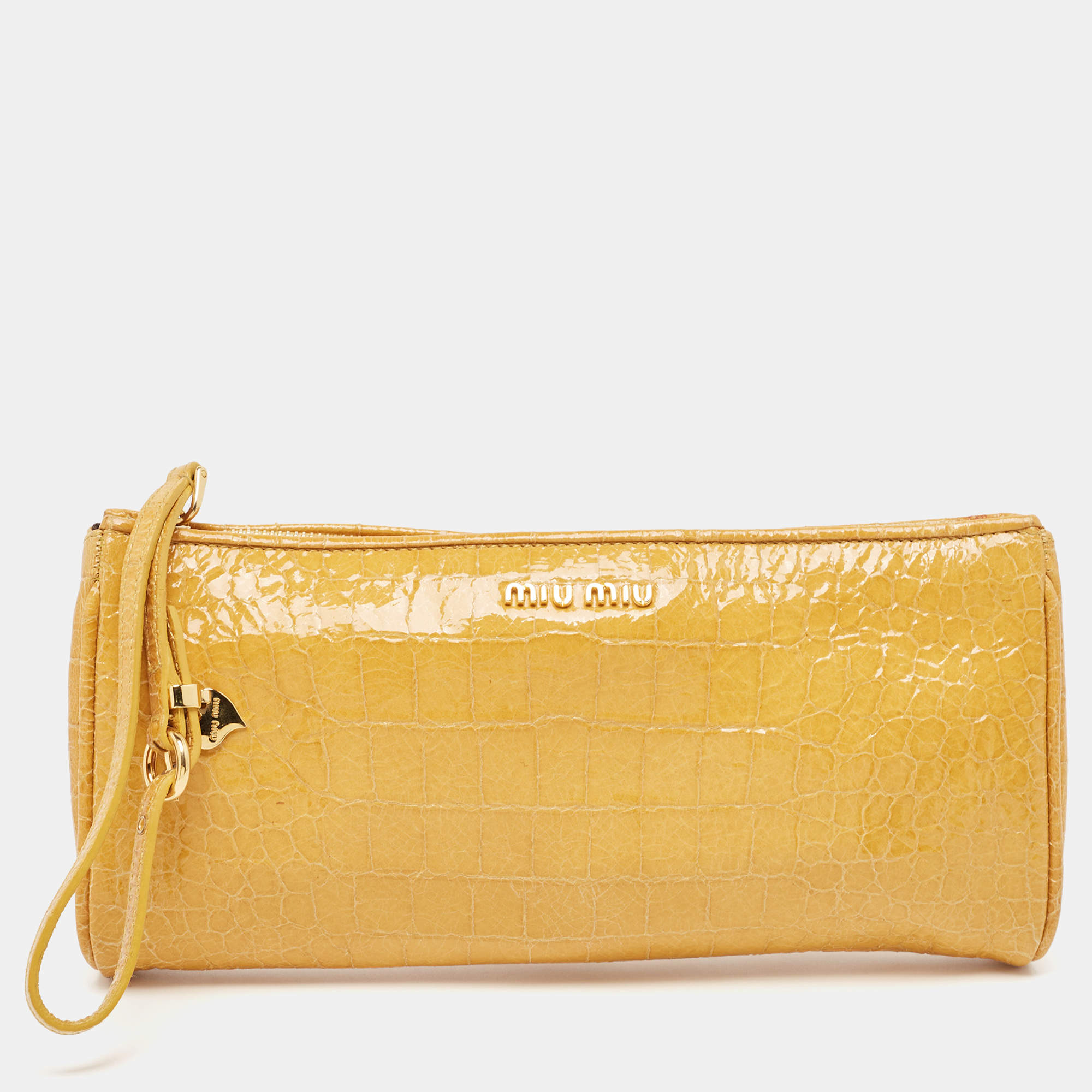 Miu Miu Yellow Croc Embossed Patent Leather Wristlet Pouch