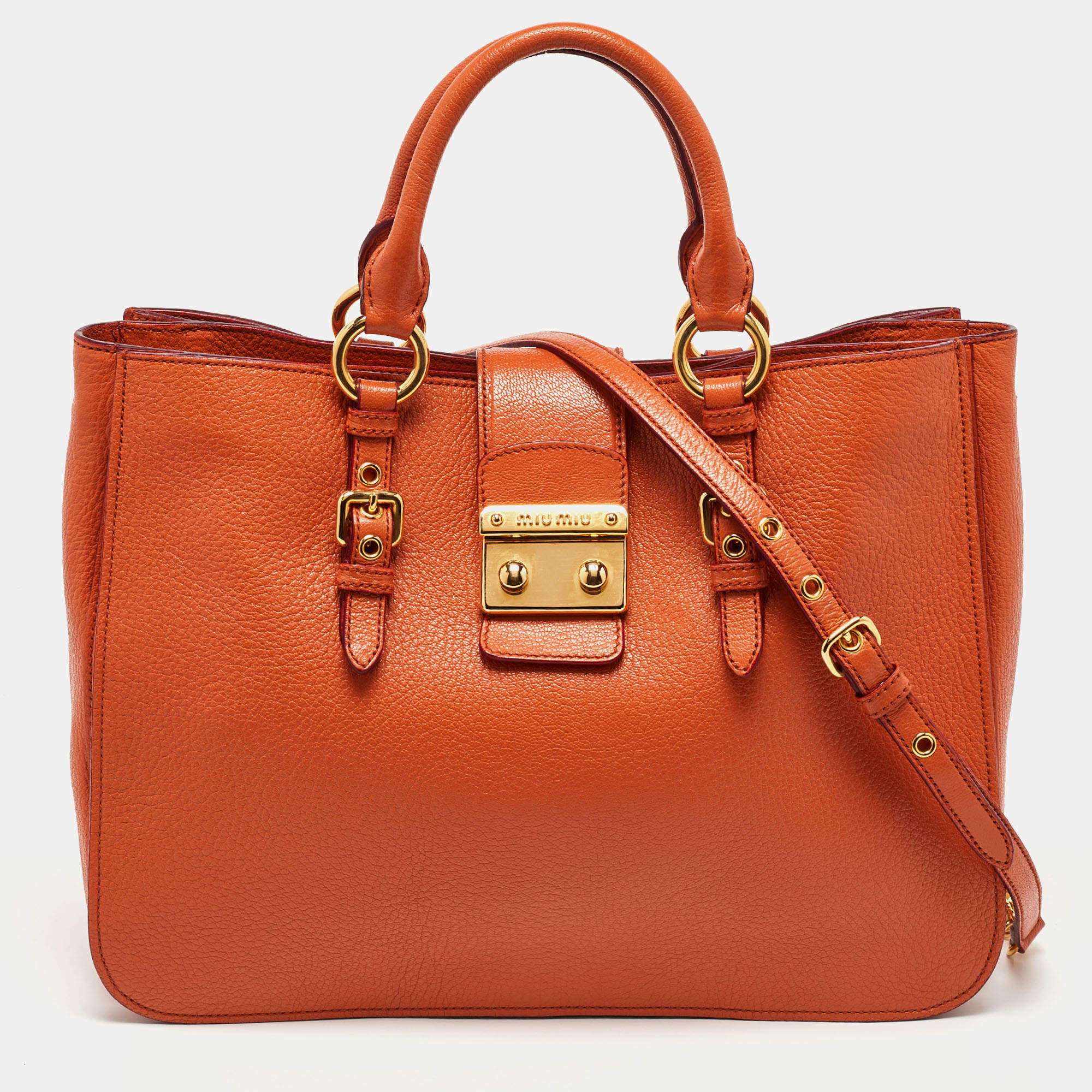 Pre Owned Miu Miu Orange Madras Leather Pushlock Tote