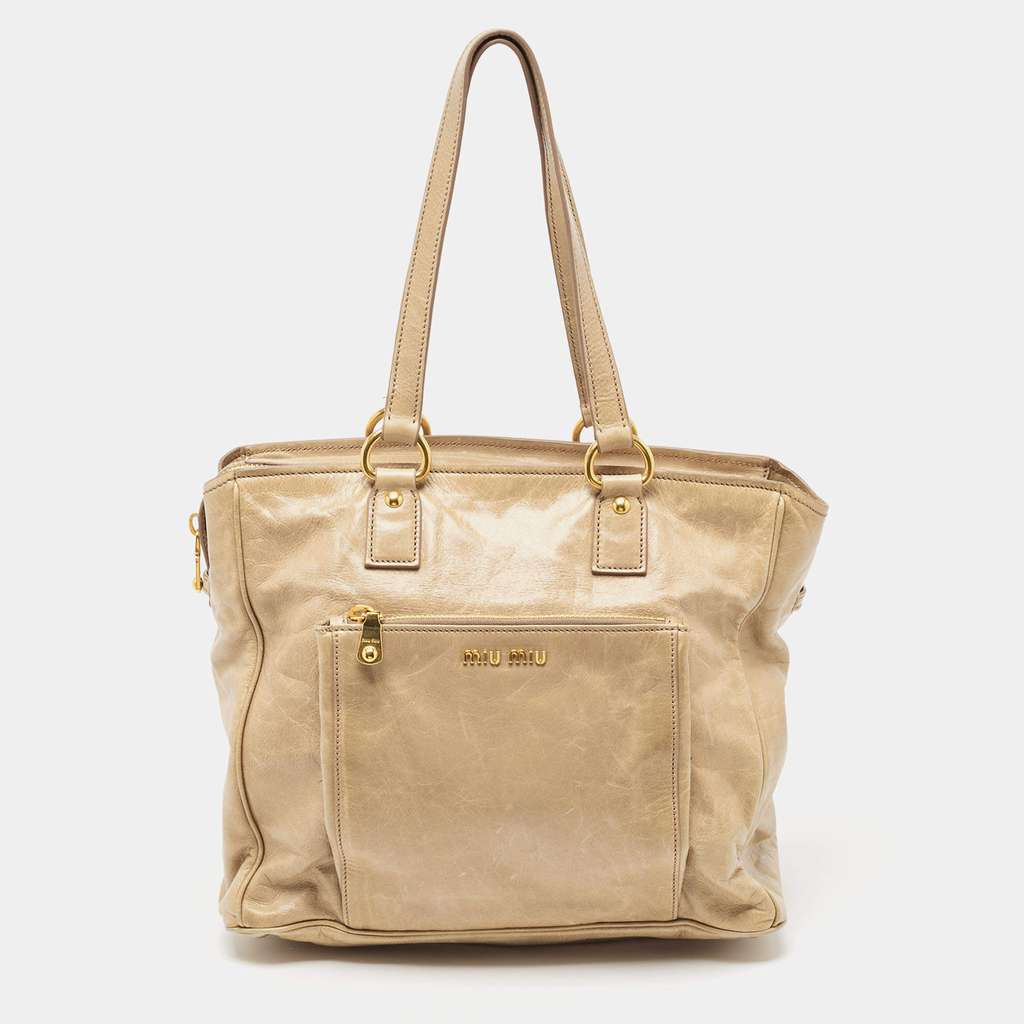 Miu Miu Beige Leather Front Pocket Tote