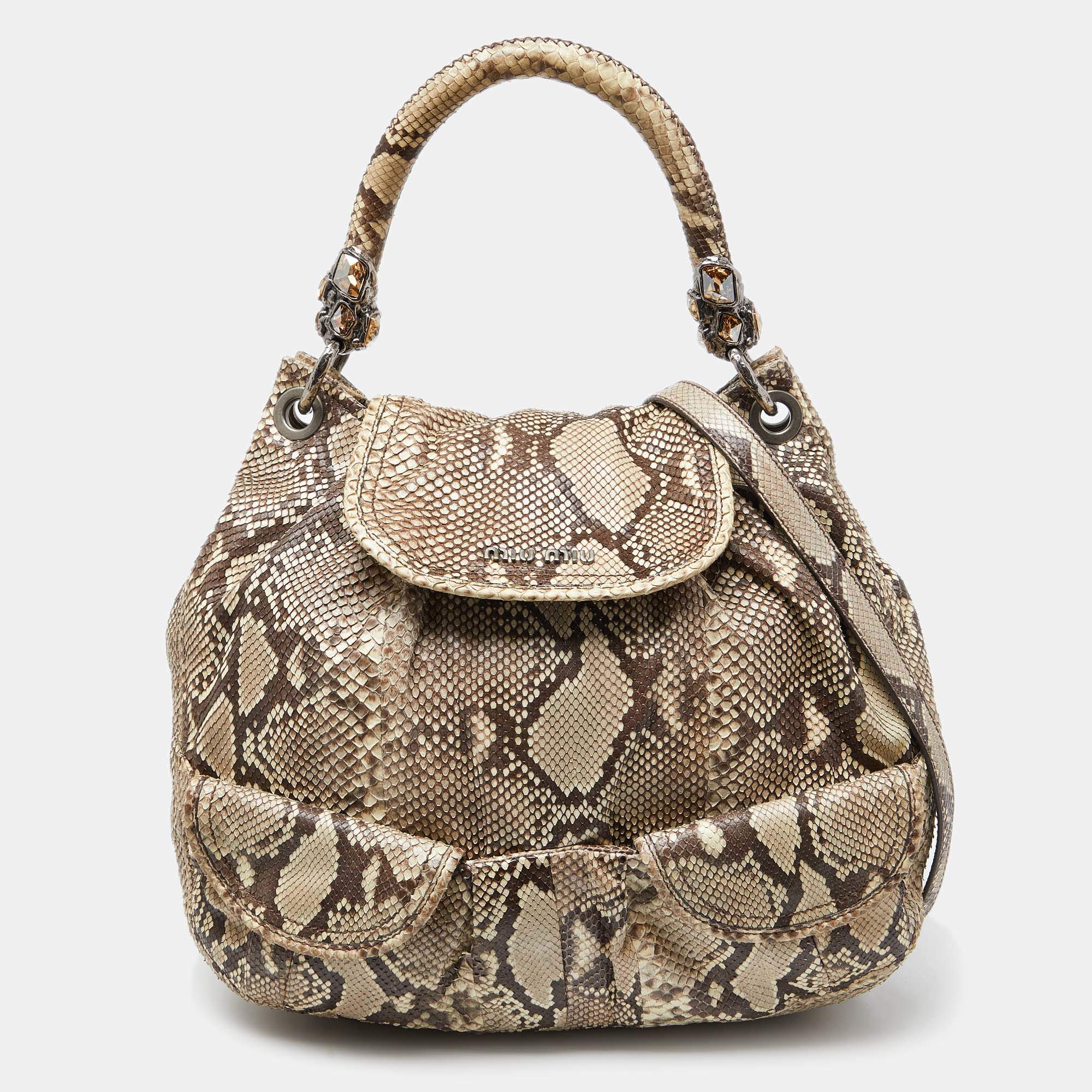 مملوكة مسبقًا Miu Miu Beige Crystal Embellished Python Hobo