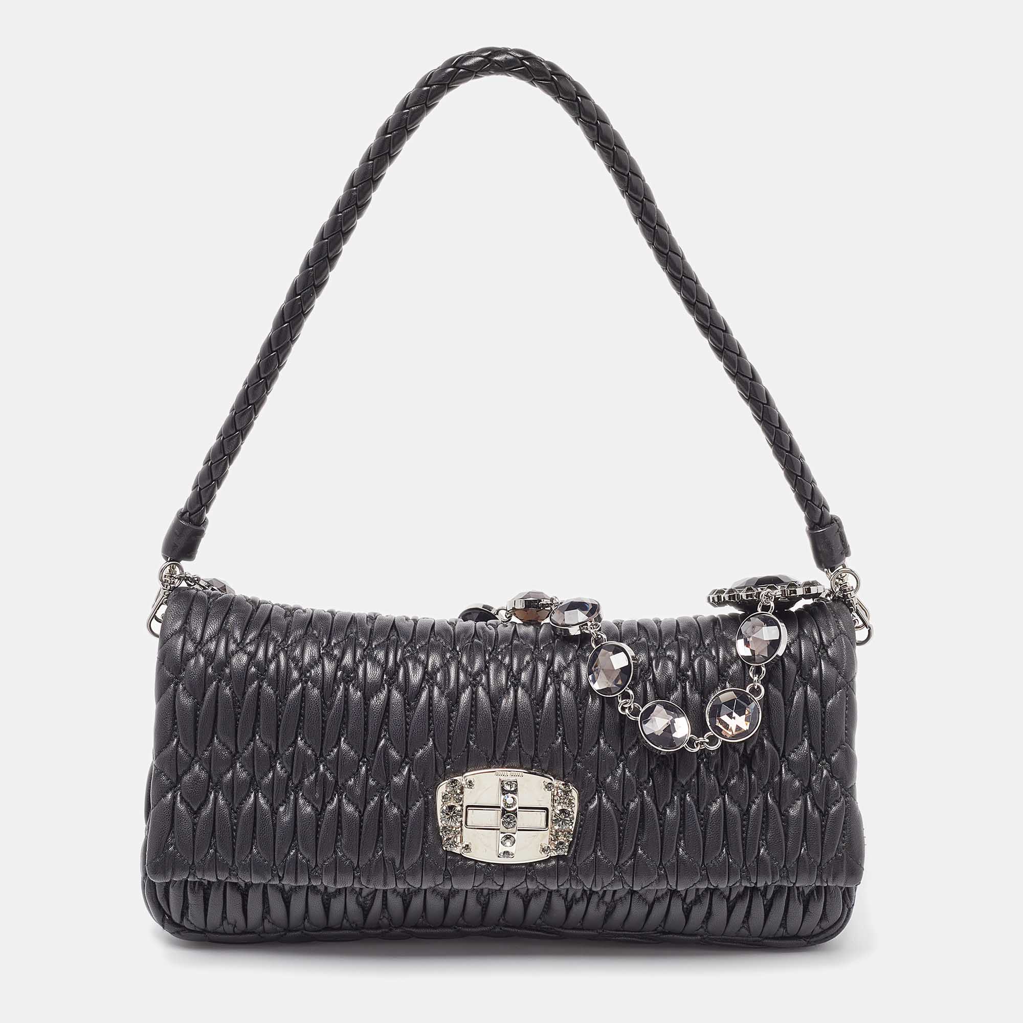 Miu Miu Black Matelassé Leather Crystal Shoulder Bag