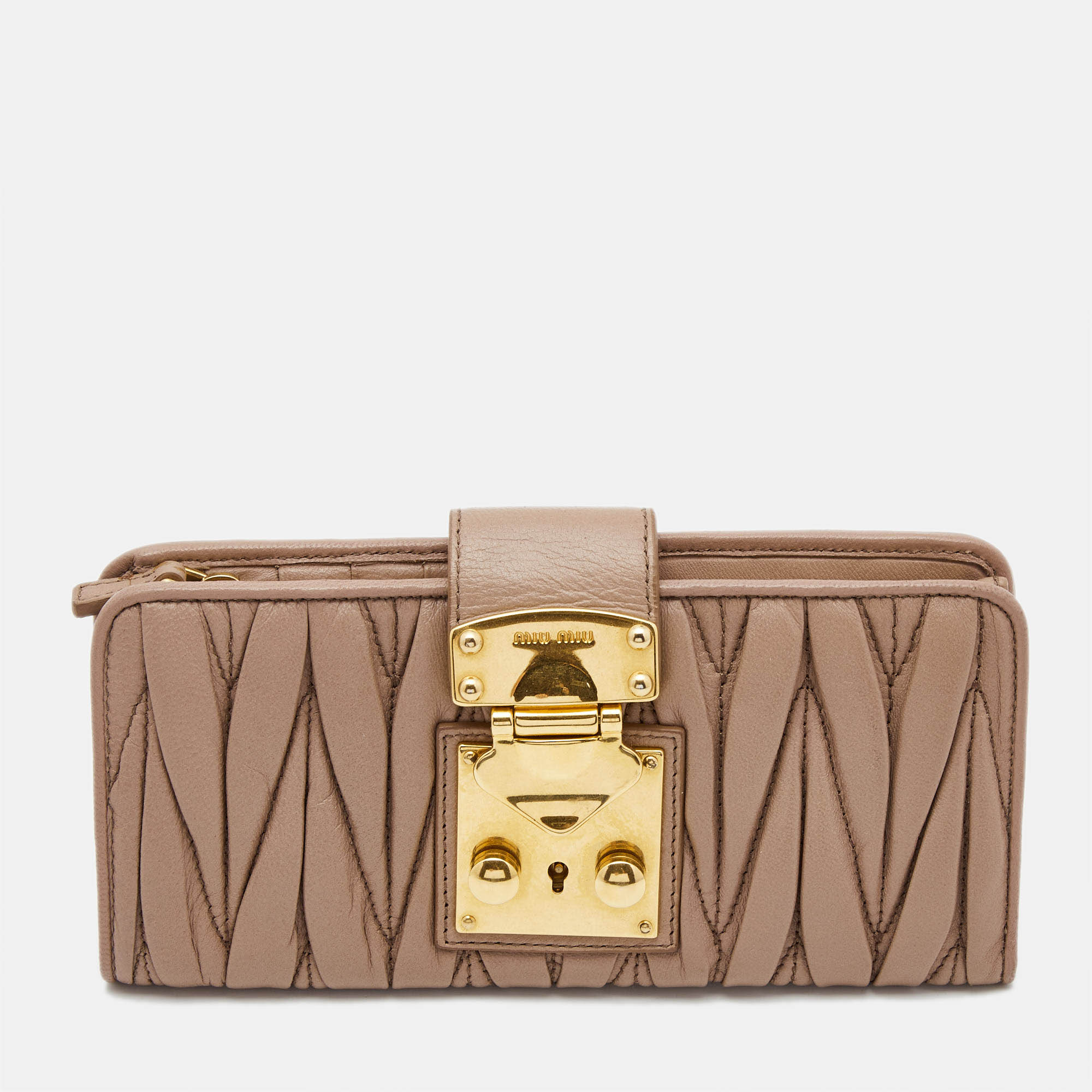 Miu Miu Beige Matelassé Leather Key Lock Continental Wallet
