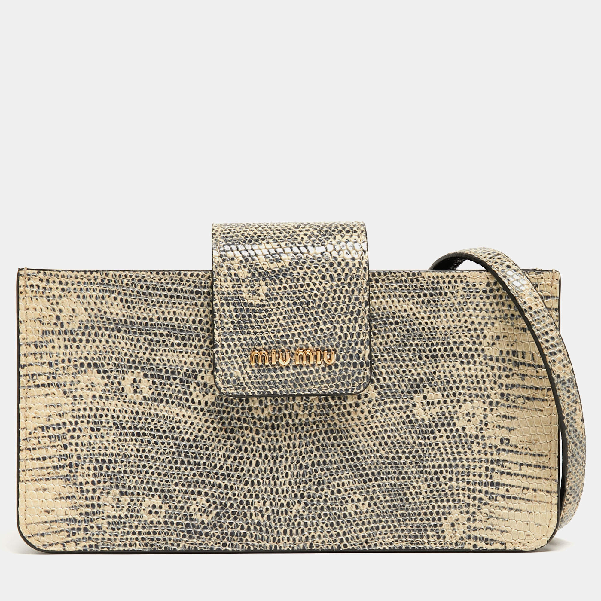 Miu Miu Beige/Black Lizard Embossed Leather Crossbody Bag