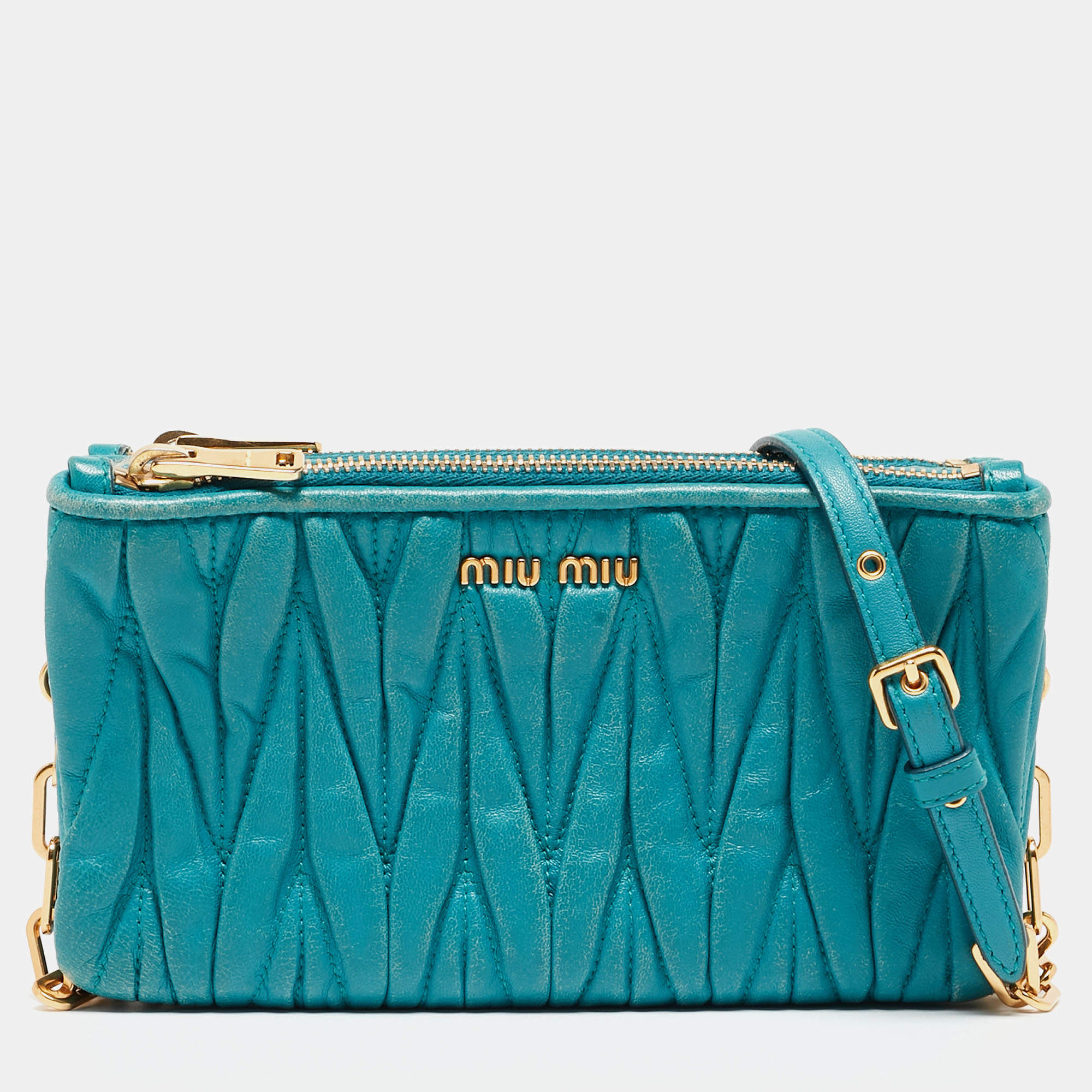 Miu Miu Blue Matalasse Leather Double Zip Chain Clutch