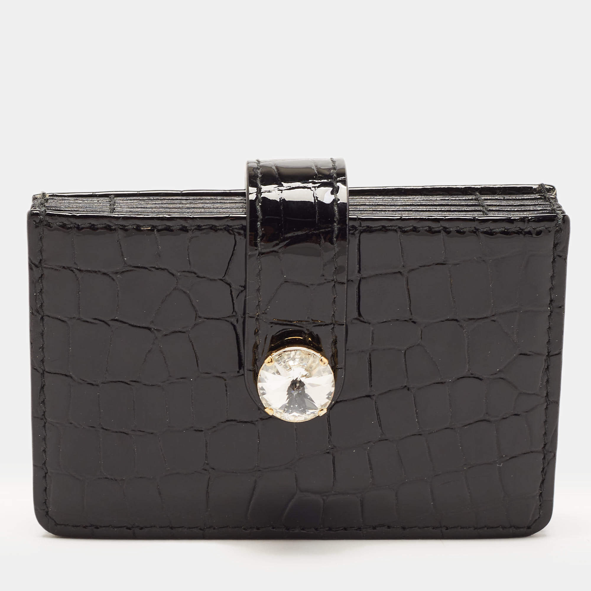 Miu Miu Black Croc Embossed Patent Leather Crystal Embellished Flap Card Case