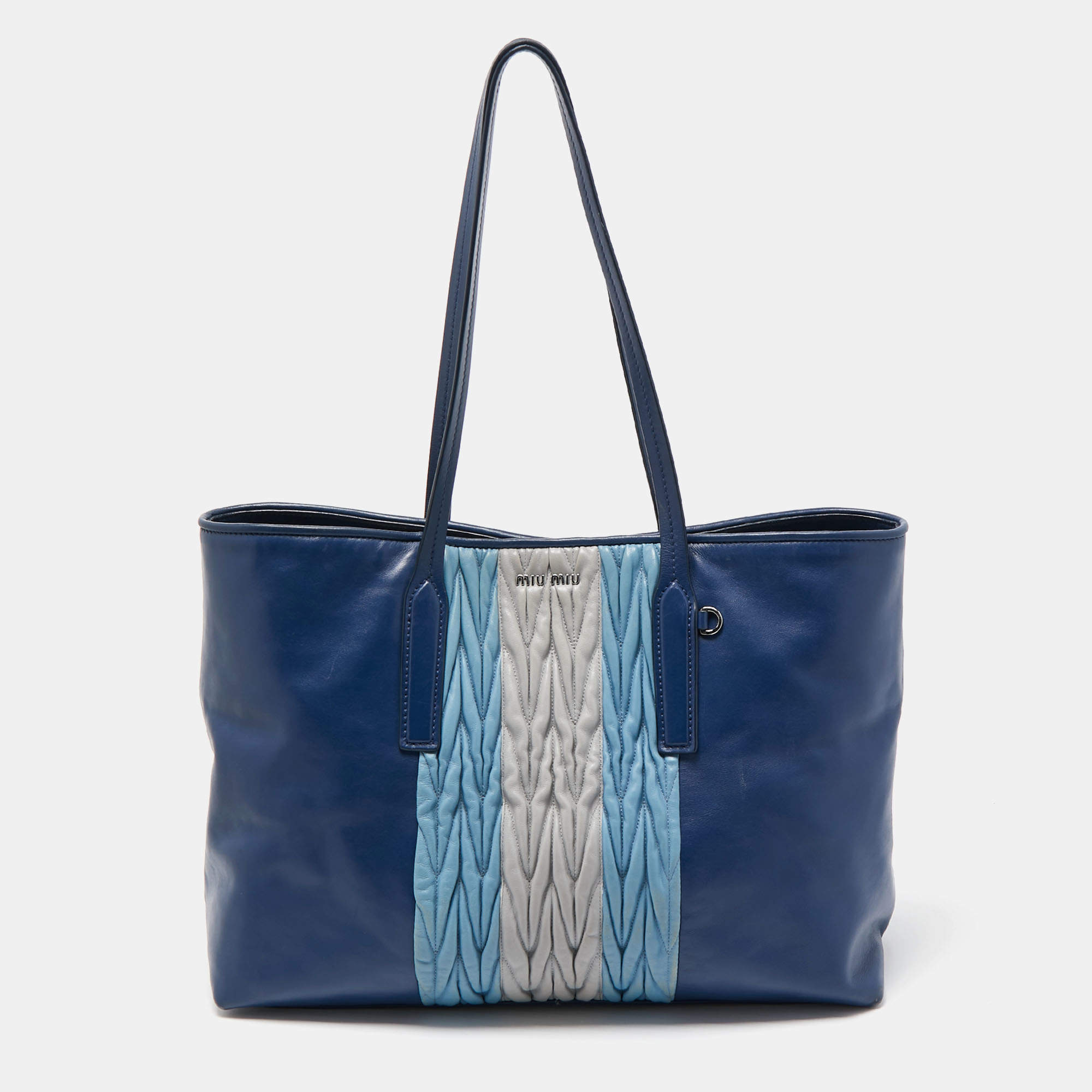 Miu Miu Two Tone Blue/Grey Leather Gathered Shopper Tote