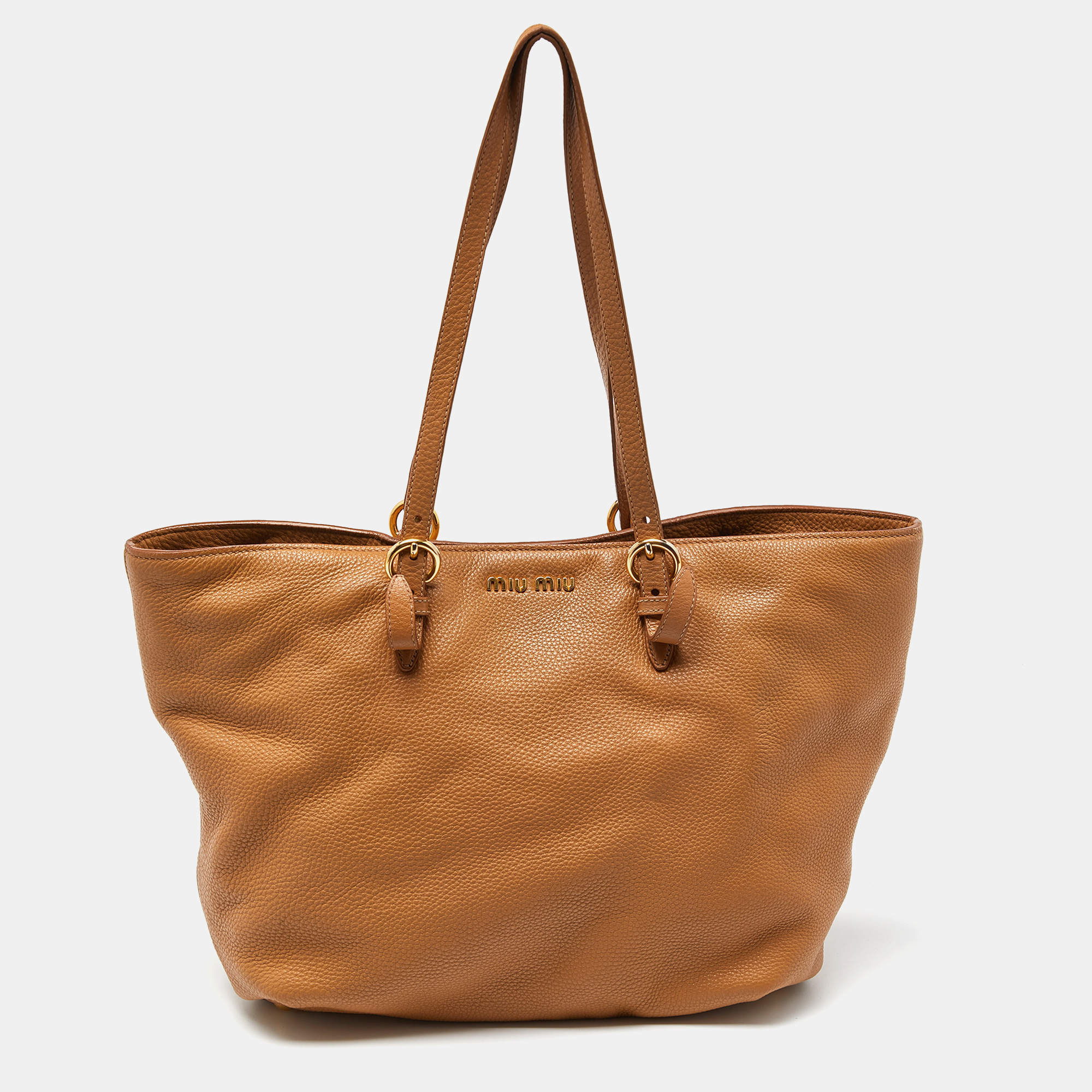 Pre Owned حقيبة يد توتس ميوميو شوبير جلد بيج