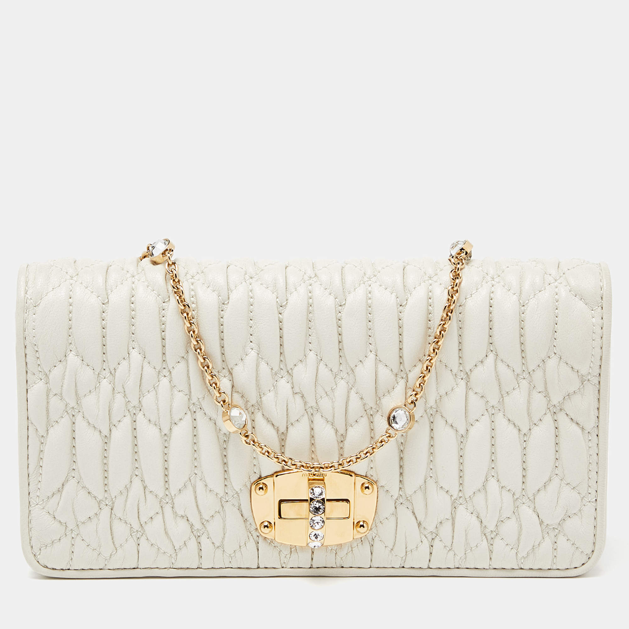 Miu Miu Off White Matelasse Leather Wallet on Chain