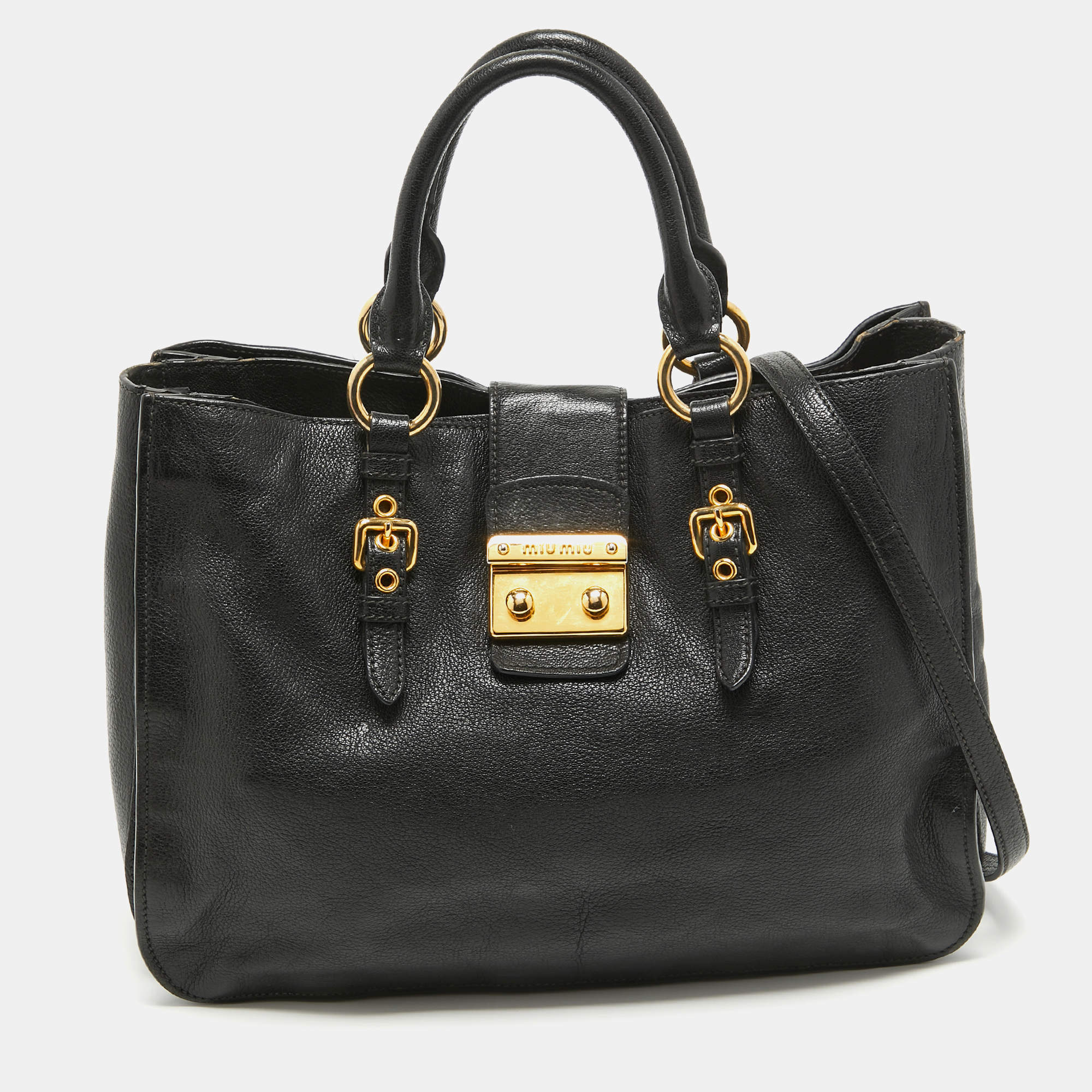 Miu Miu Black Madras Leather Pushlock Tote
