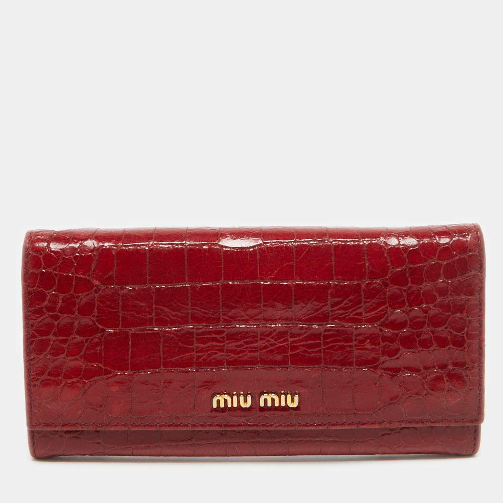 Miu Miu Red Croc Embossed Patent Leather Flap Continental Wallet