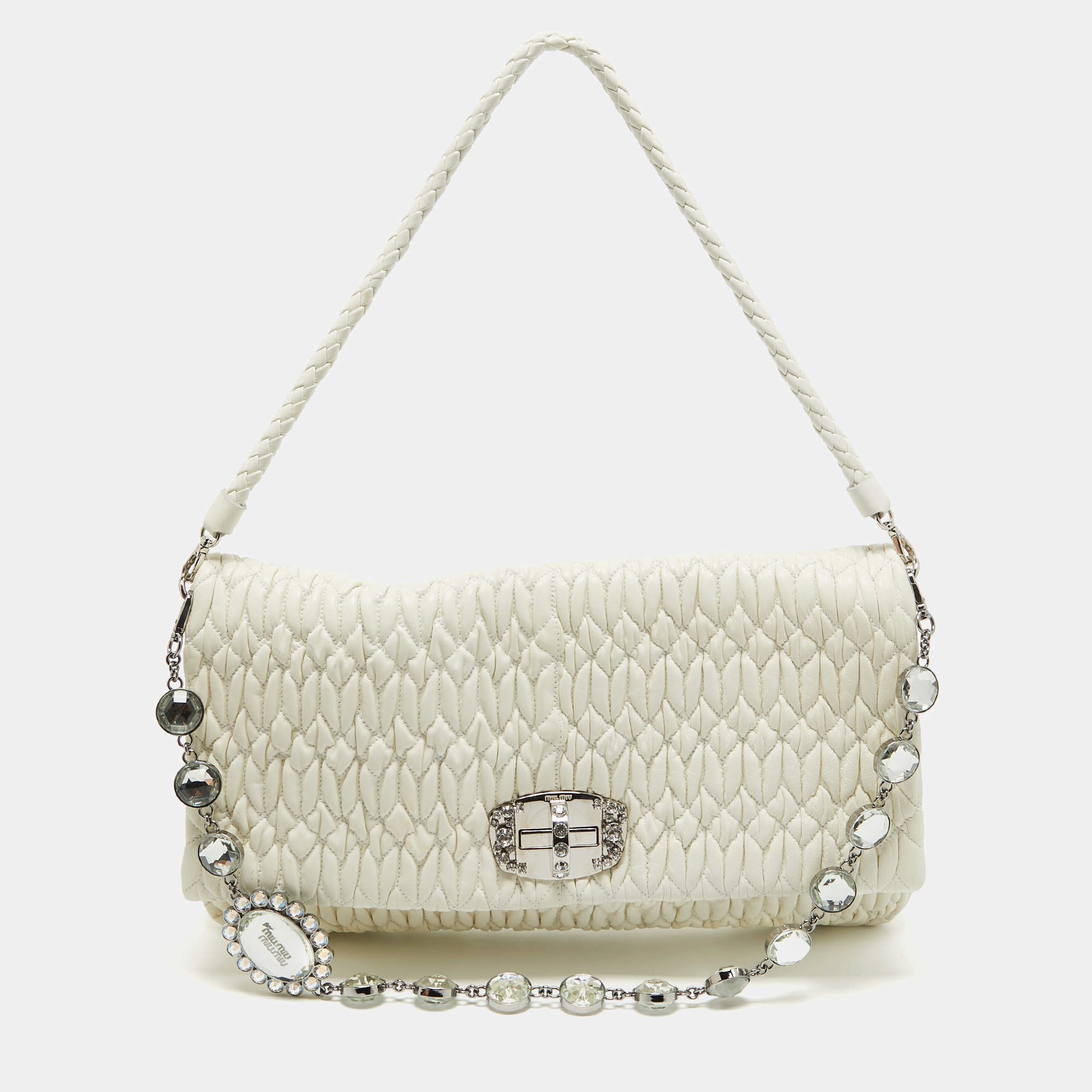 Miu Miu Off White Matelassé Leather Crystal Cloqué Flap Shoulder Bag