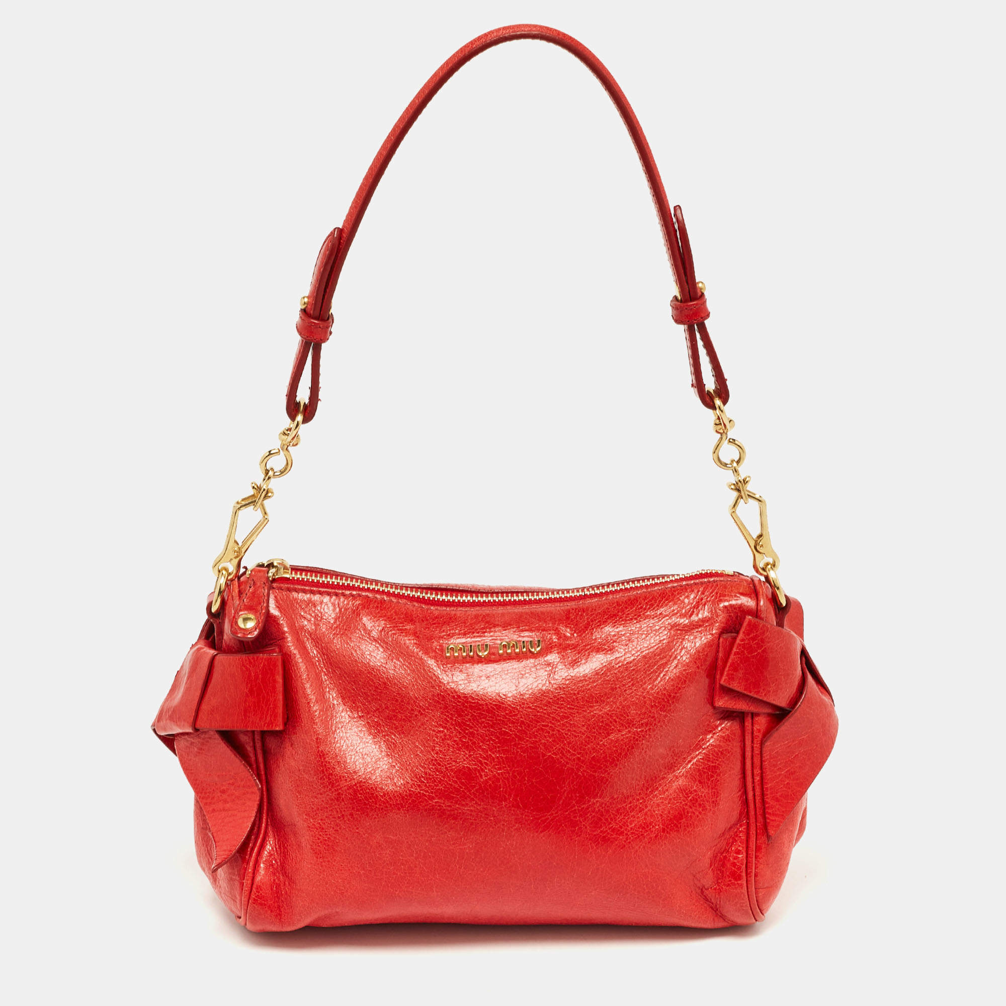 Miu Miu Red Vitello Lux Leather Bow Pochette Bag