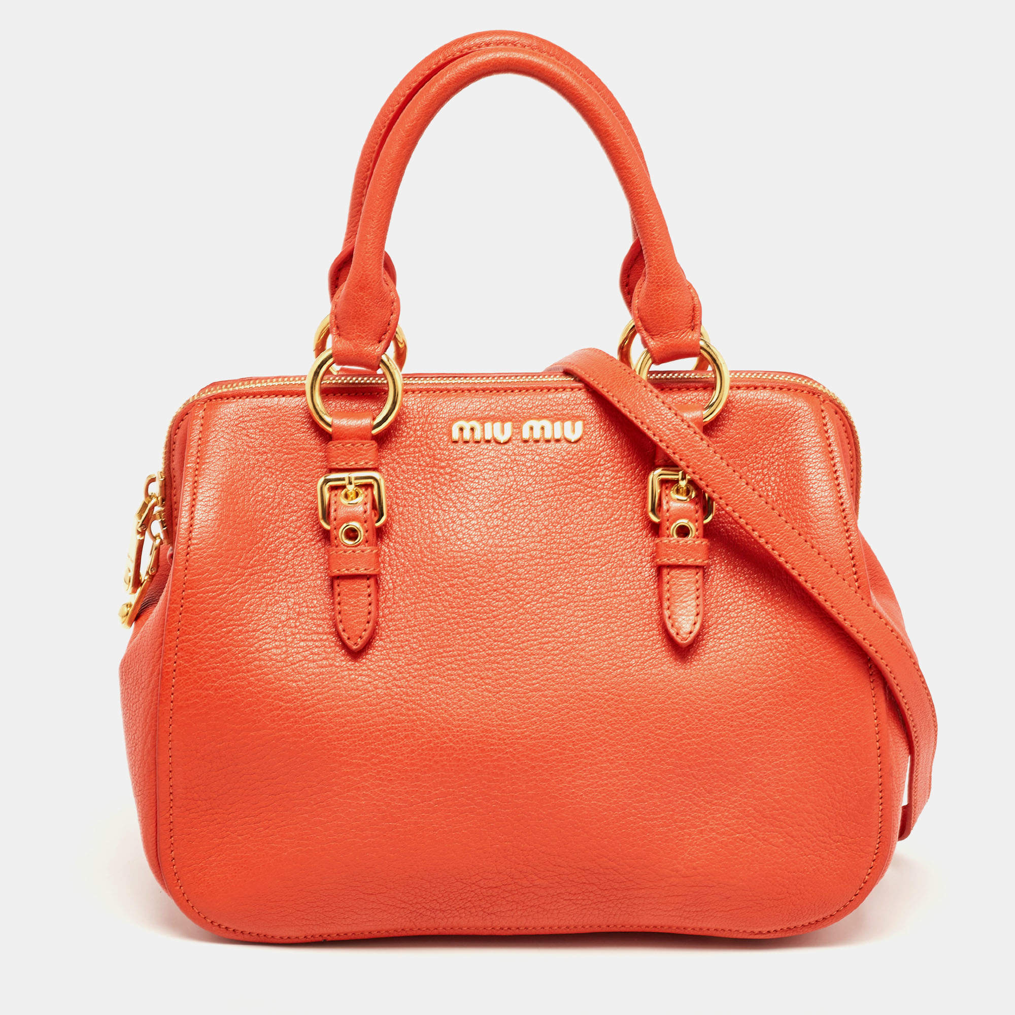 Pre Owned Miu Miu Orange Madras Leather Baulleto Bag