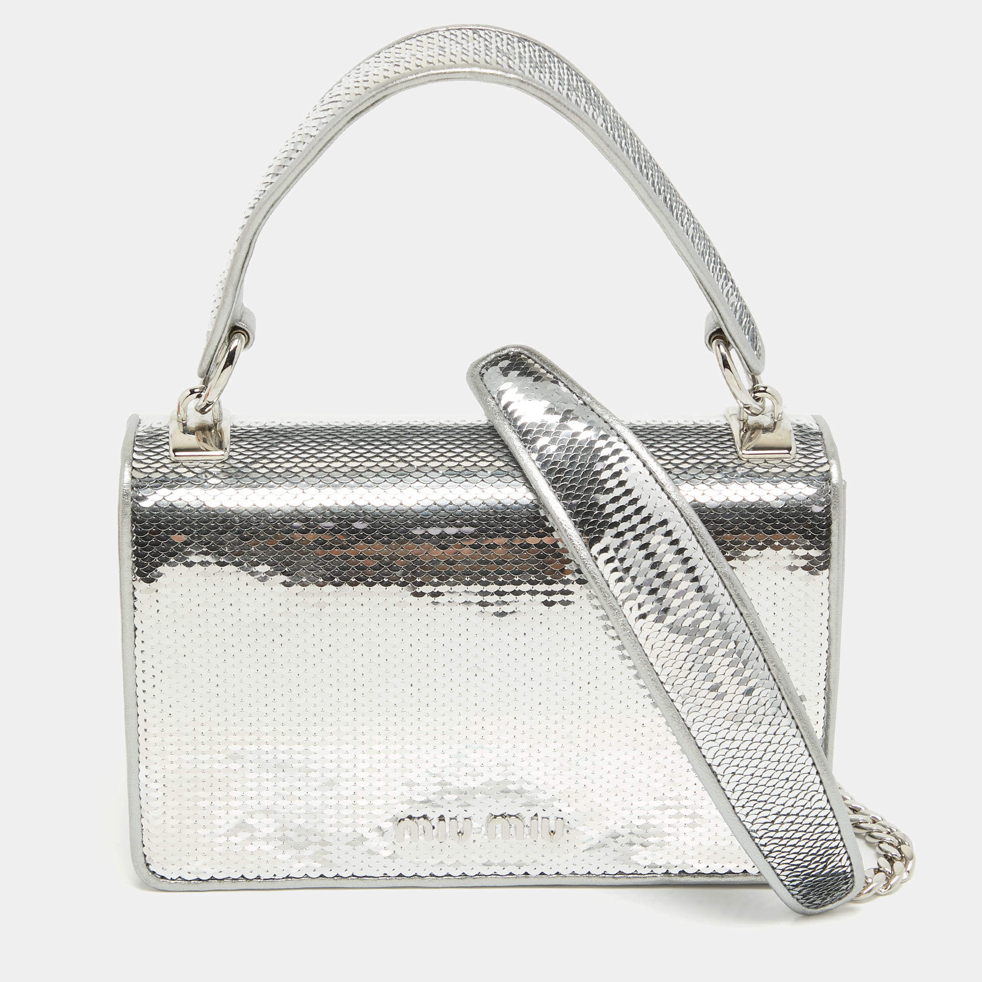 Pre Owned Miu Miu Silver Sequin and Leather Chain Top Handle Bag