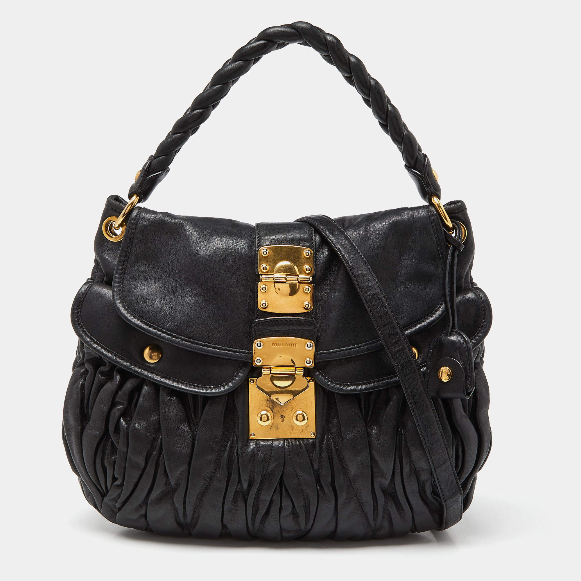 Miu Miu Black Matelassé Leather Coffer Hobo
