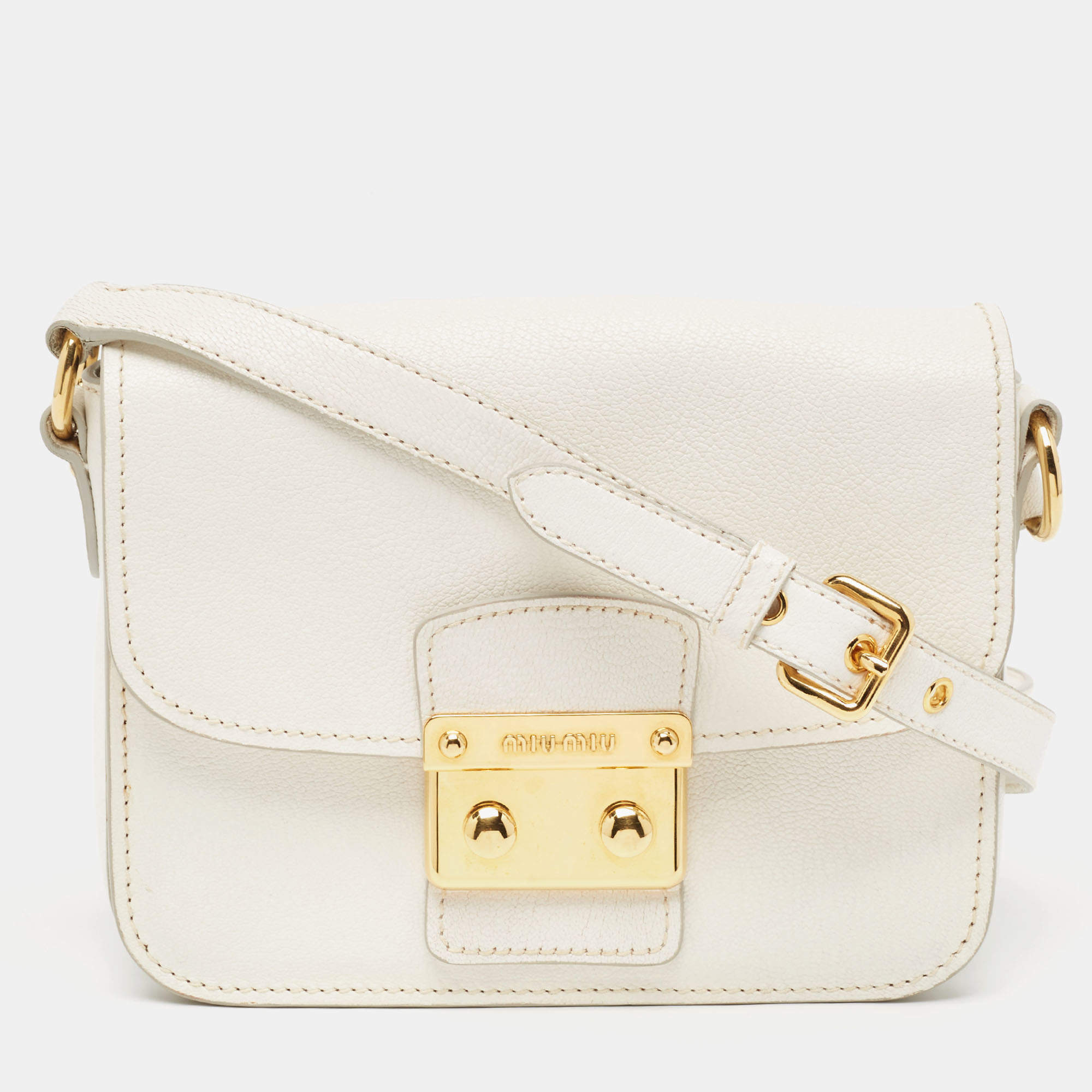Miu Miu White Madras Leather Pushlock Flap Crossbody Bag Miu