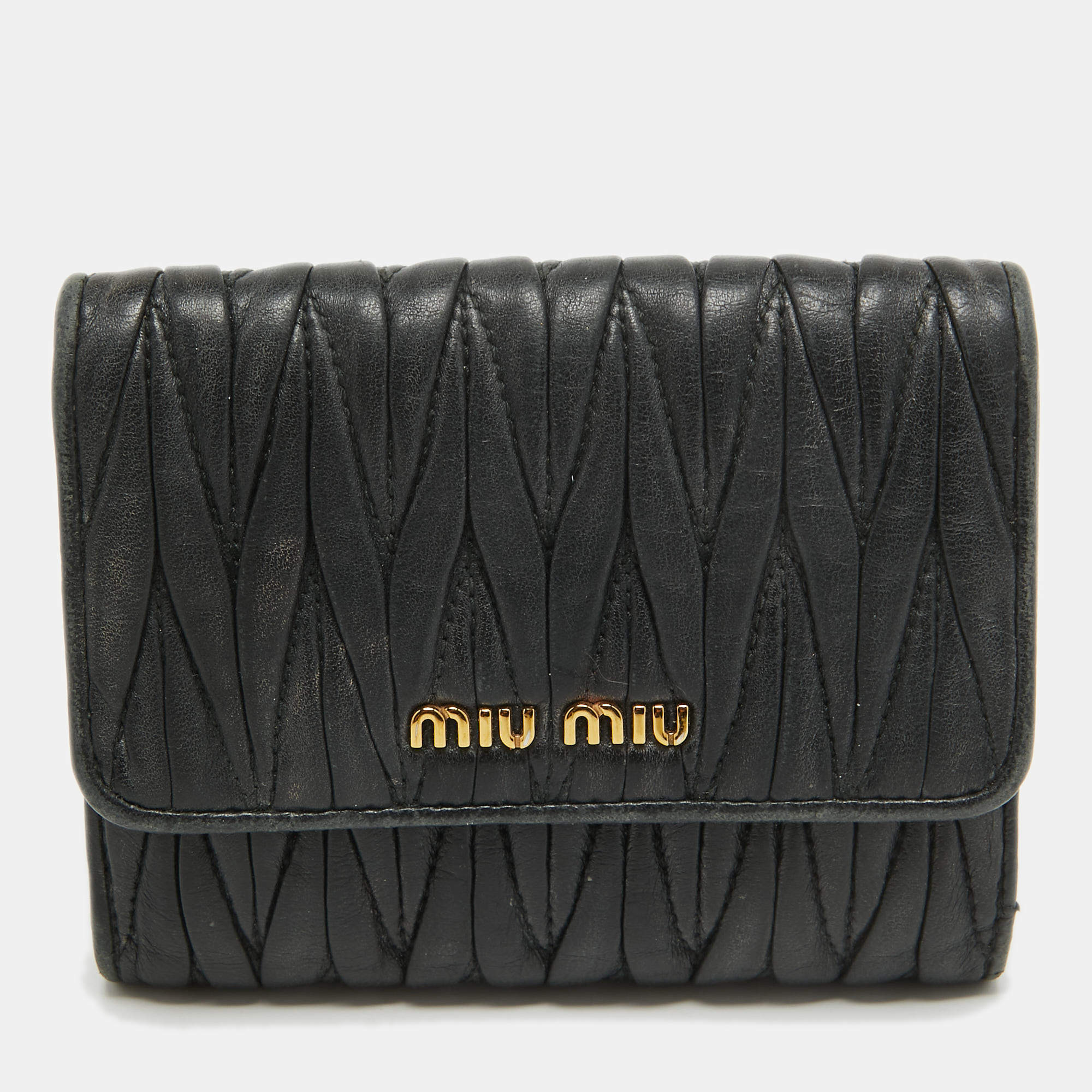 Miu Miu Black Matelasse Leather Flap Compact Wallet