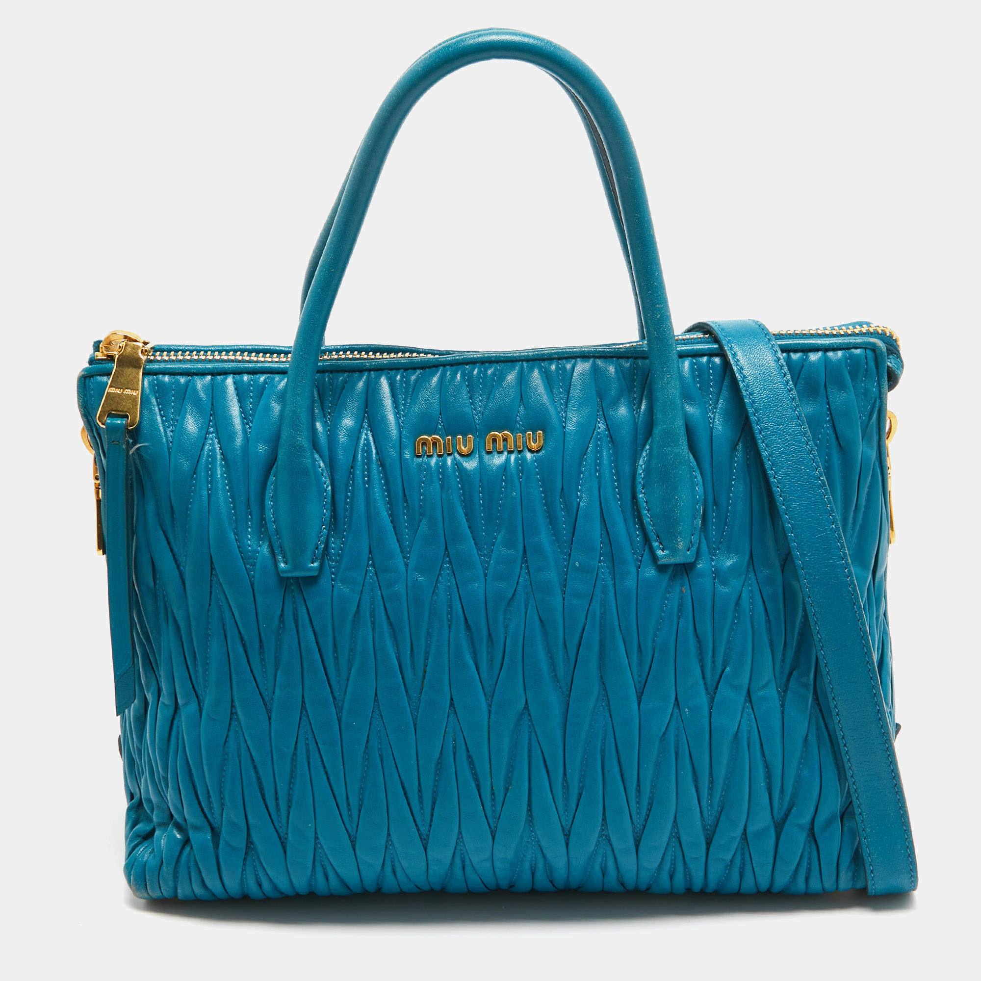 Pre Owned Miu Miu Teal Blue Matelassé Leather Top Zip Tote