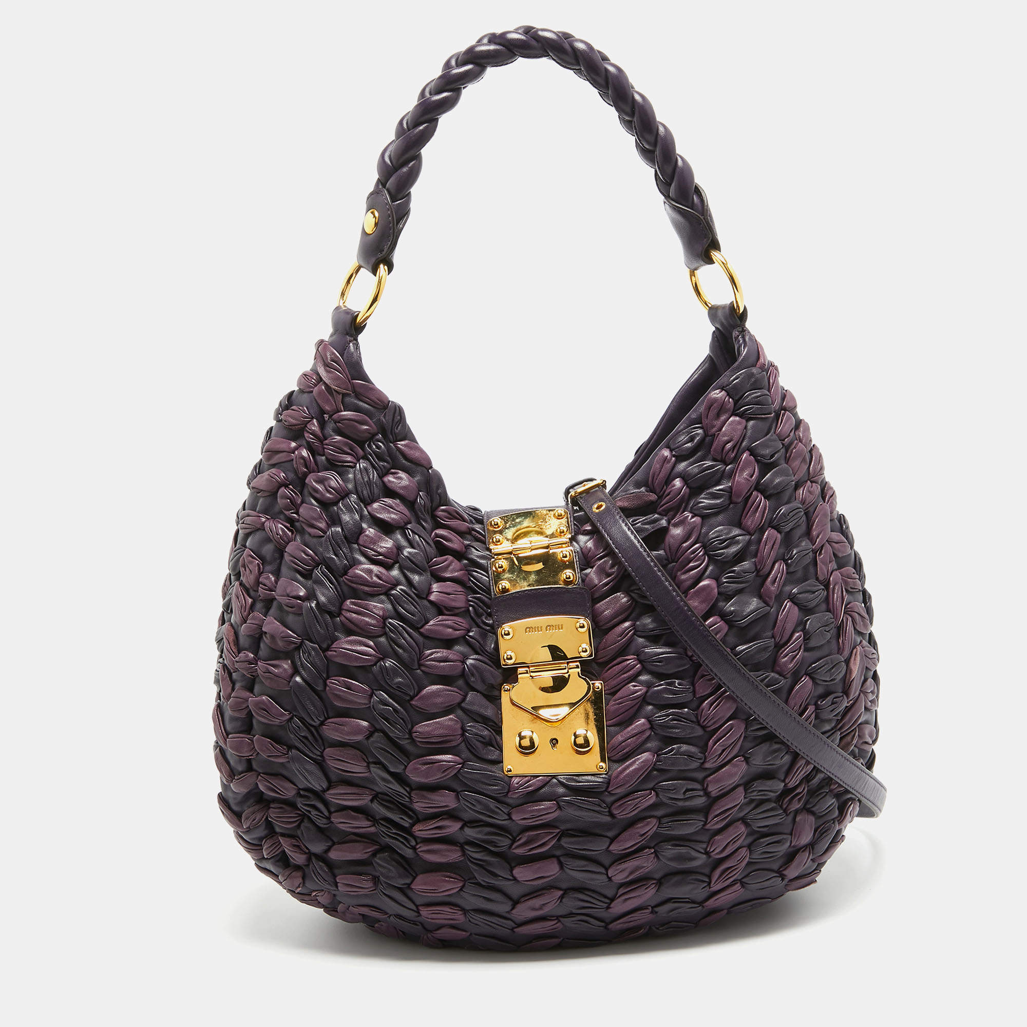 Miu Miu Purple/Plum Woven Leather Push Lock Flap Hobo