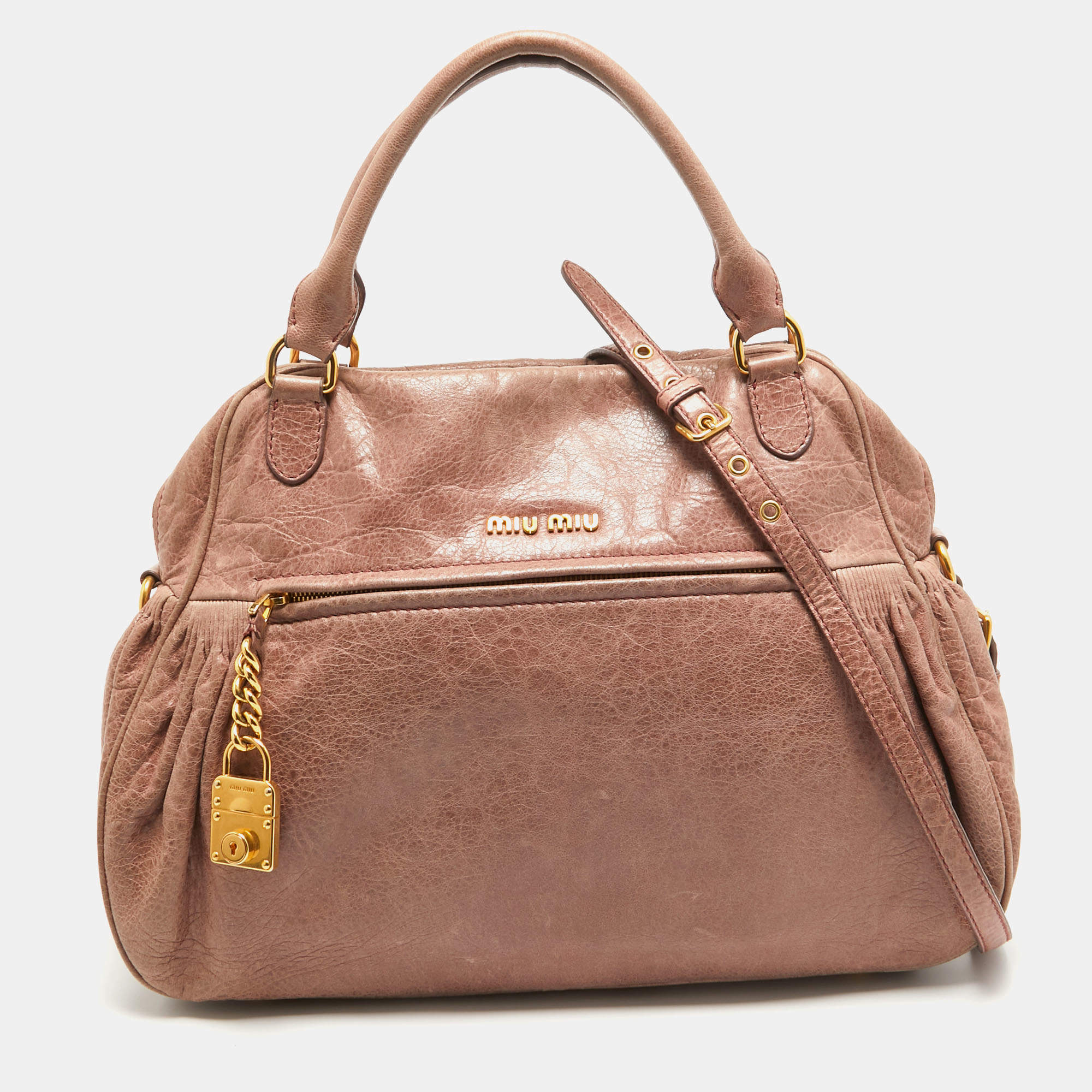 Miu Miu Old Rose Distressed Leather Charm Satchel