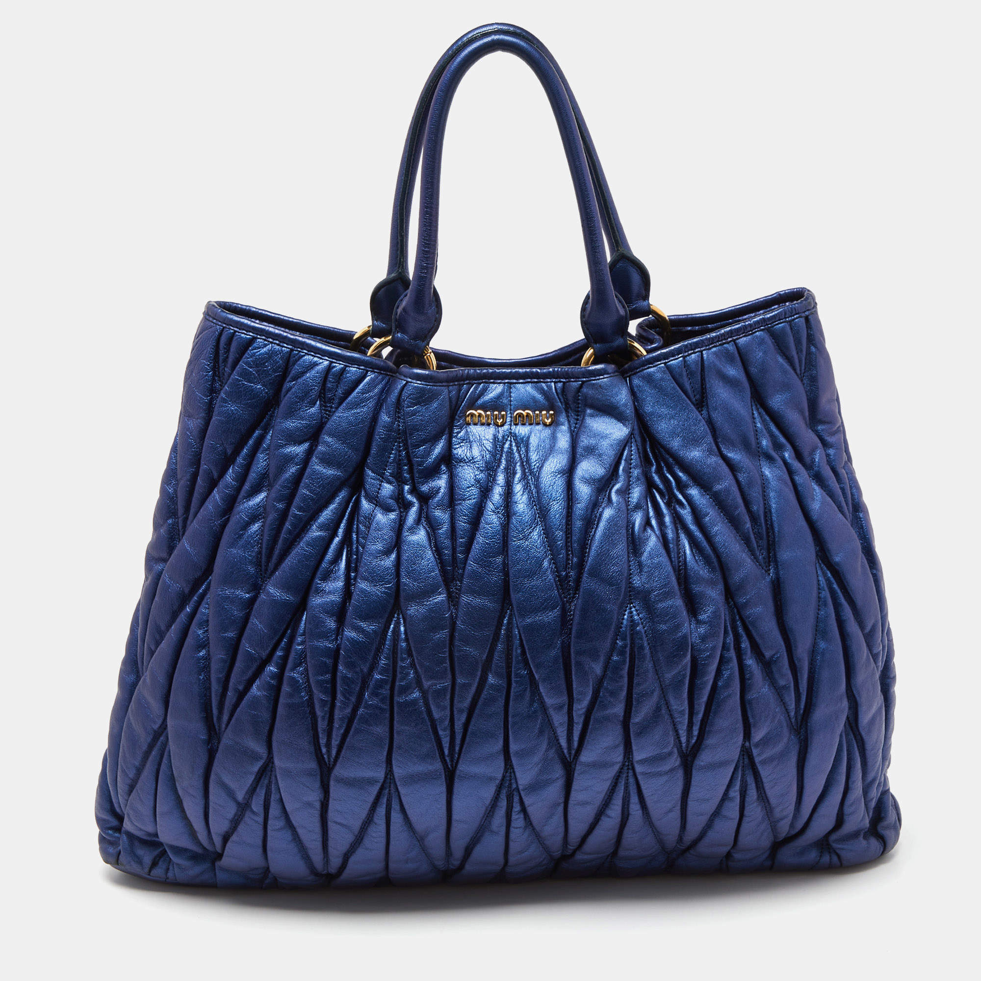 Miu Miu Metallic Blue Matelassé Leather Tote