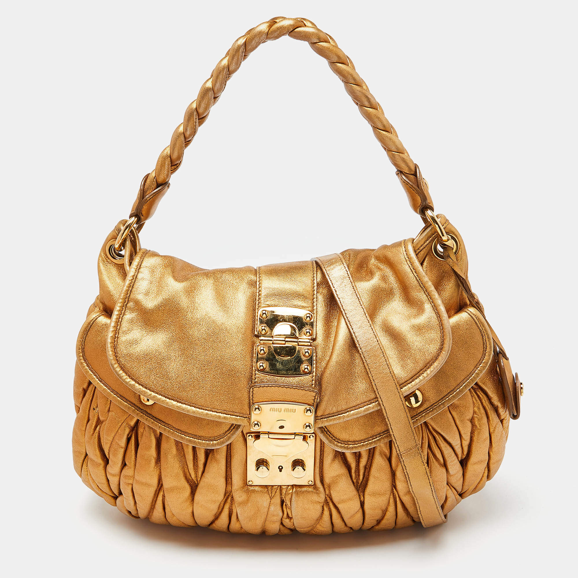 Miu Miu Gold Matelassé Leather Coffer Hobo