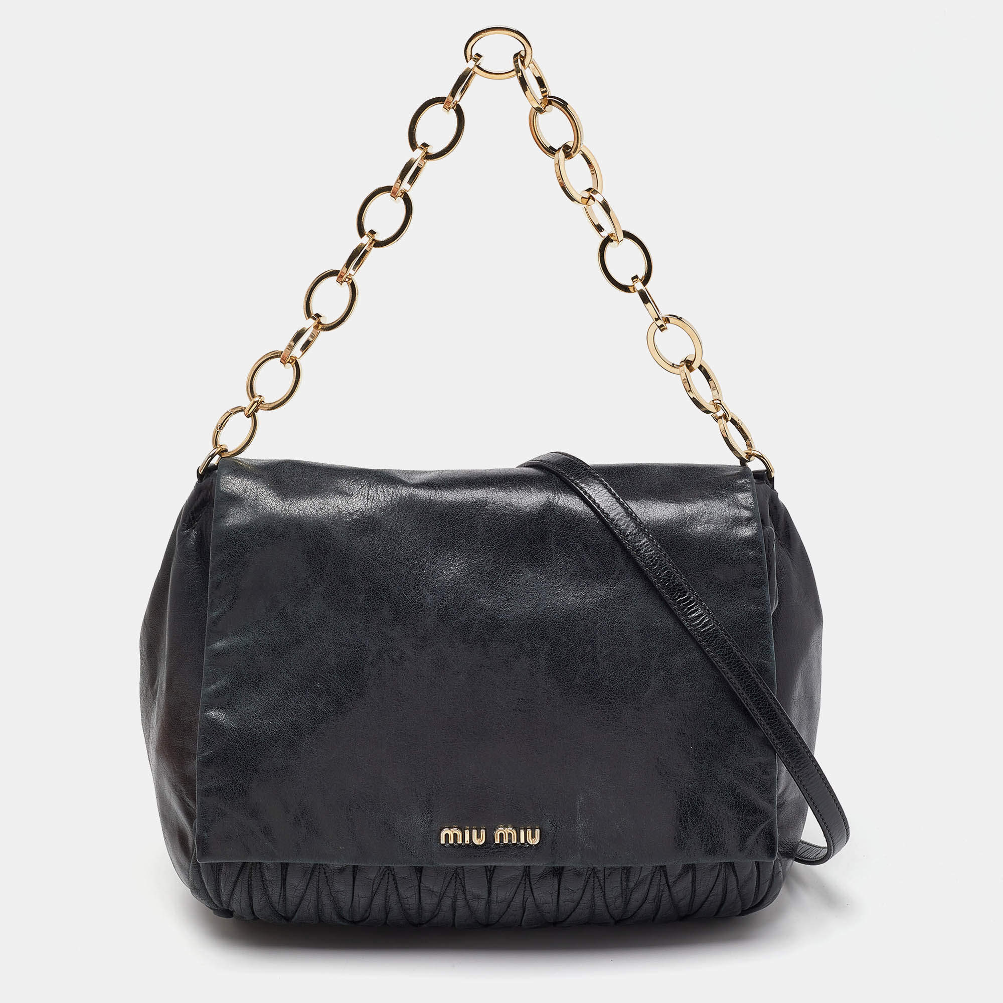 Miu Miu Black Matelassé Leather Flap Chain Shoulder Bag