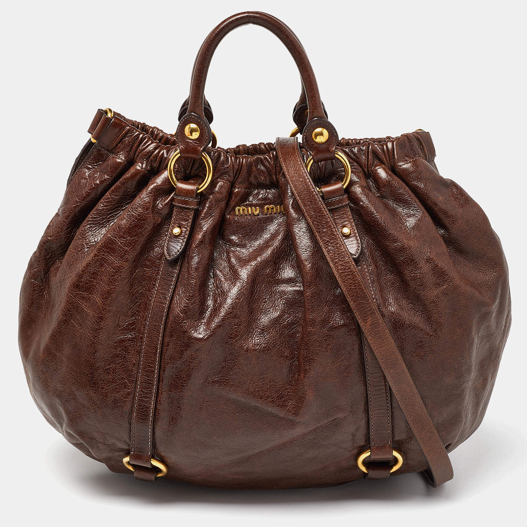 Miu Miu Brown Vitello Shine Leather Gathered Hobo