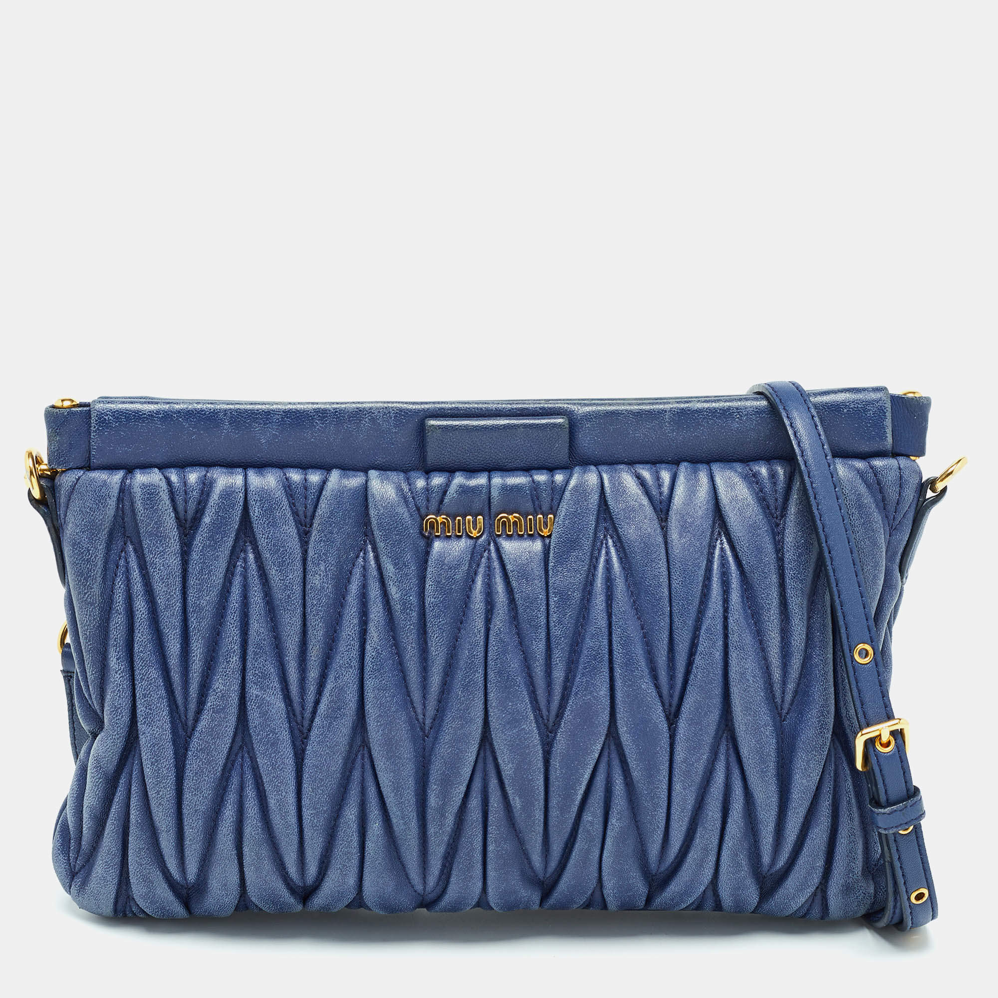 Miu Miu Blue Matelassé Leather Frame Clutch Bag
