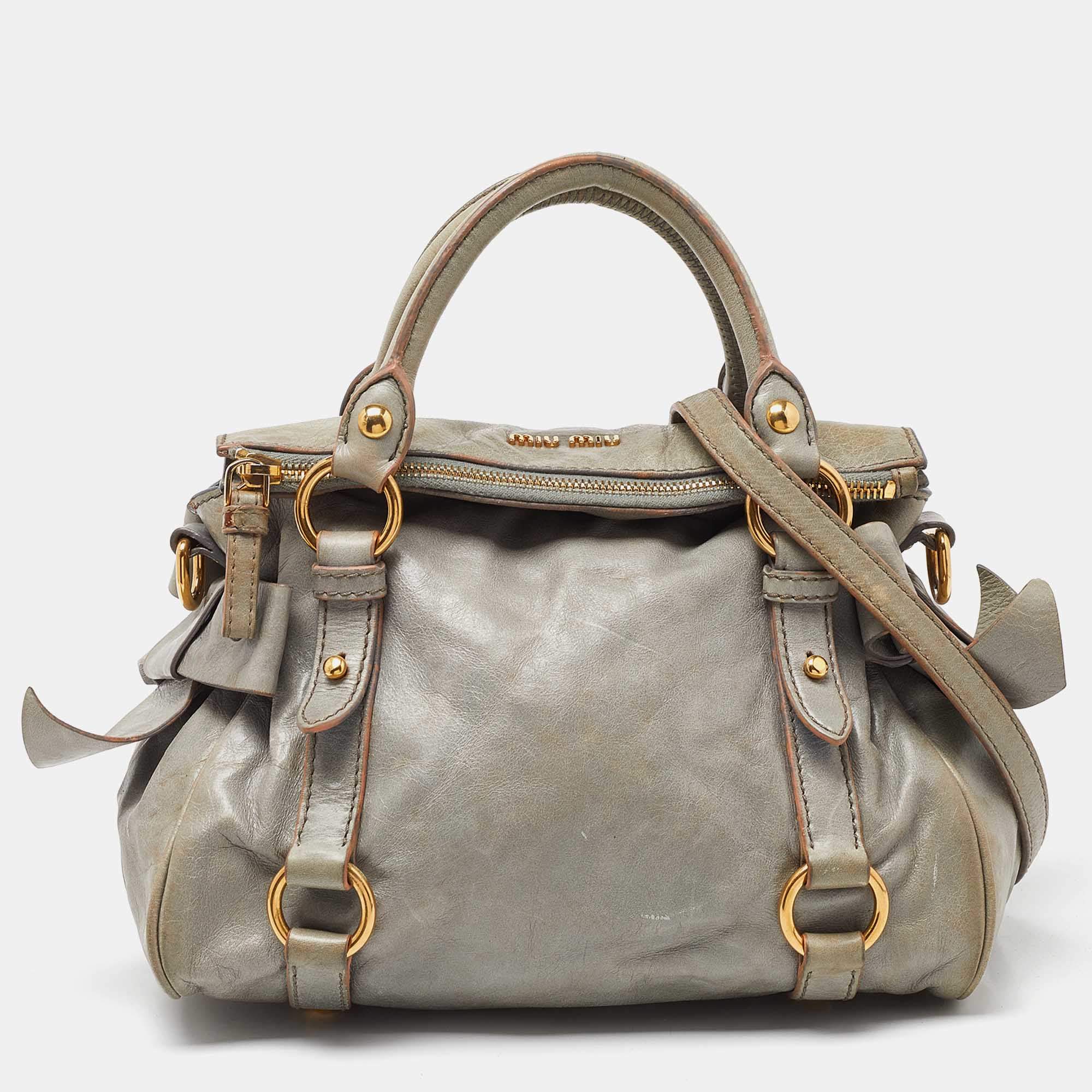 Miu Miu Grey Vitello Lux Leather Small Bow Satchel Miu Miu | TLC Miu Miu Grey Vitello Lux Leather Small Bow Satchel Miu Miu | TLC