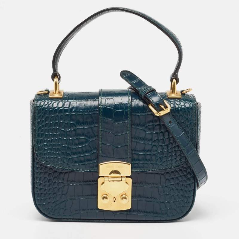 Miu Miu Teal Croc Embossed Leather Pushlock Flap Top Handle Bag