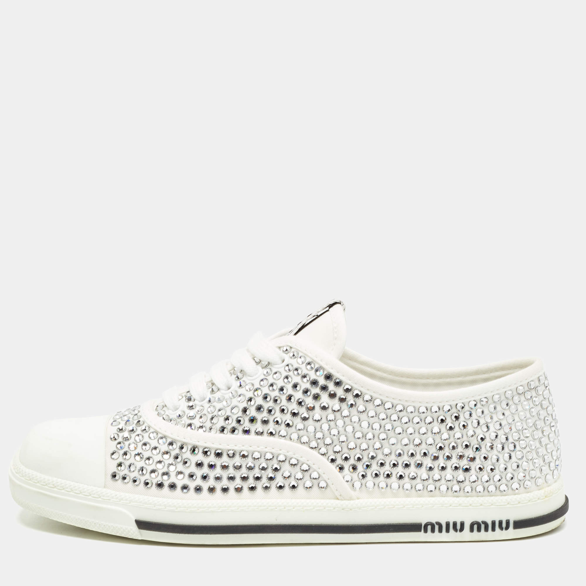Pre Owned Miu Miu White Canvas Crystal-studded Gabardine Cotton Sneakers Size 40