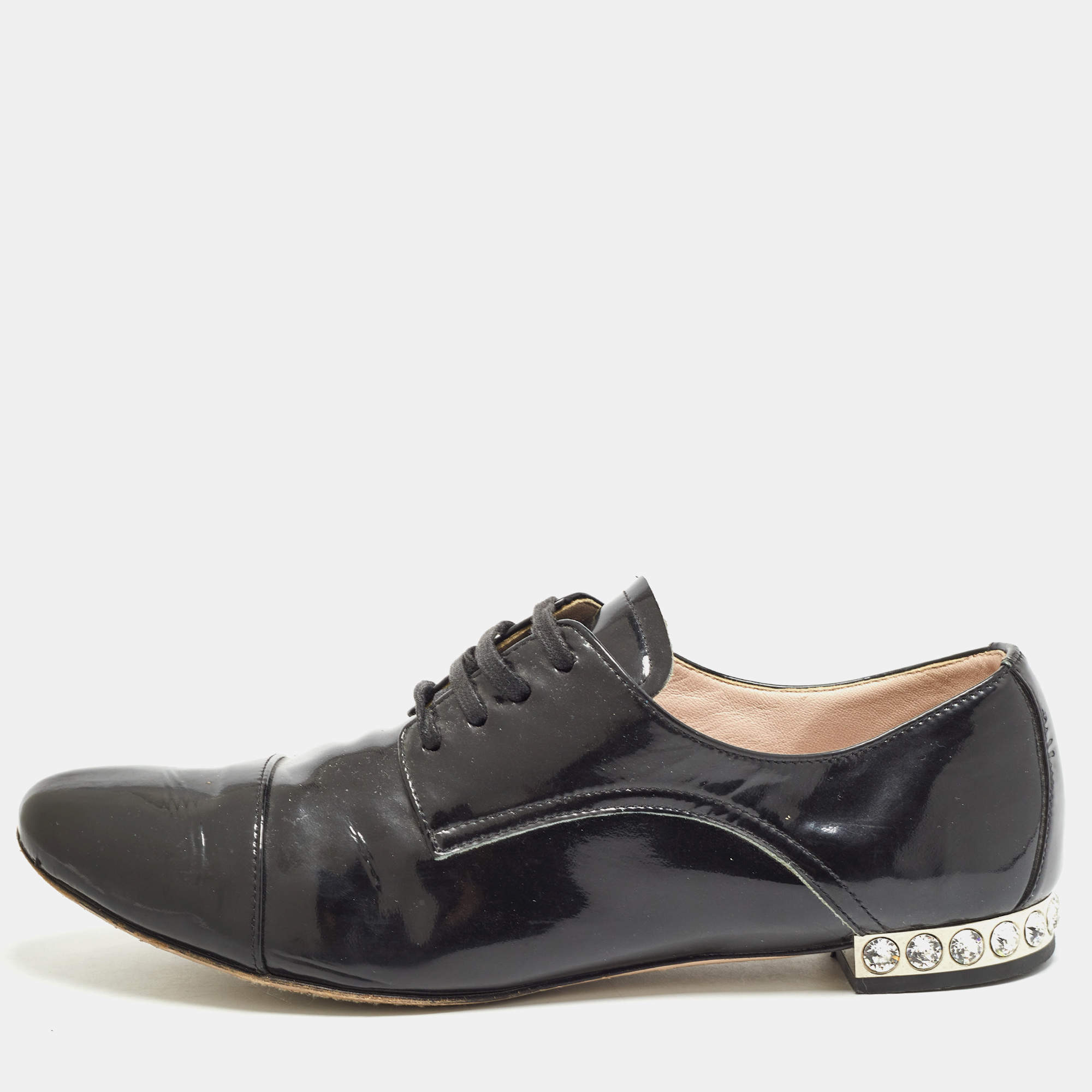 Miu Miu Black Patent Leather Crystal Embellished Lace Up Derby Size 38