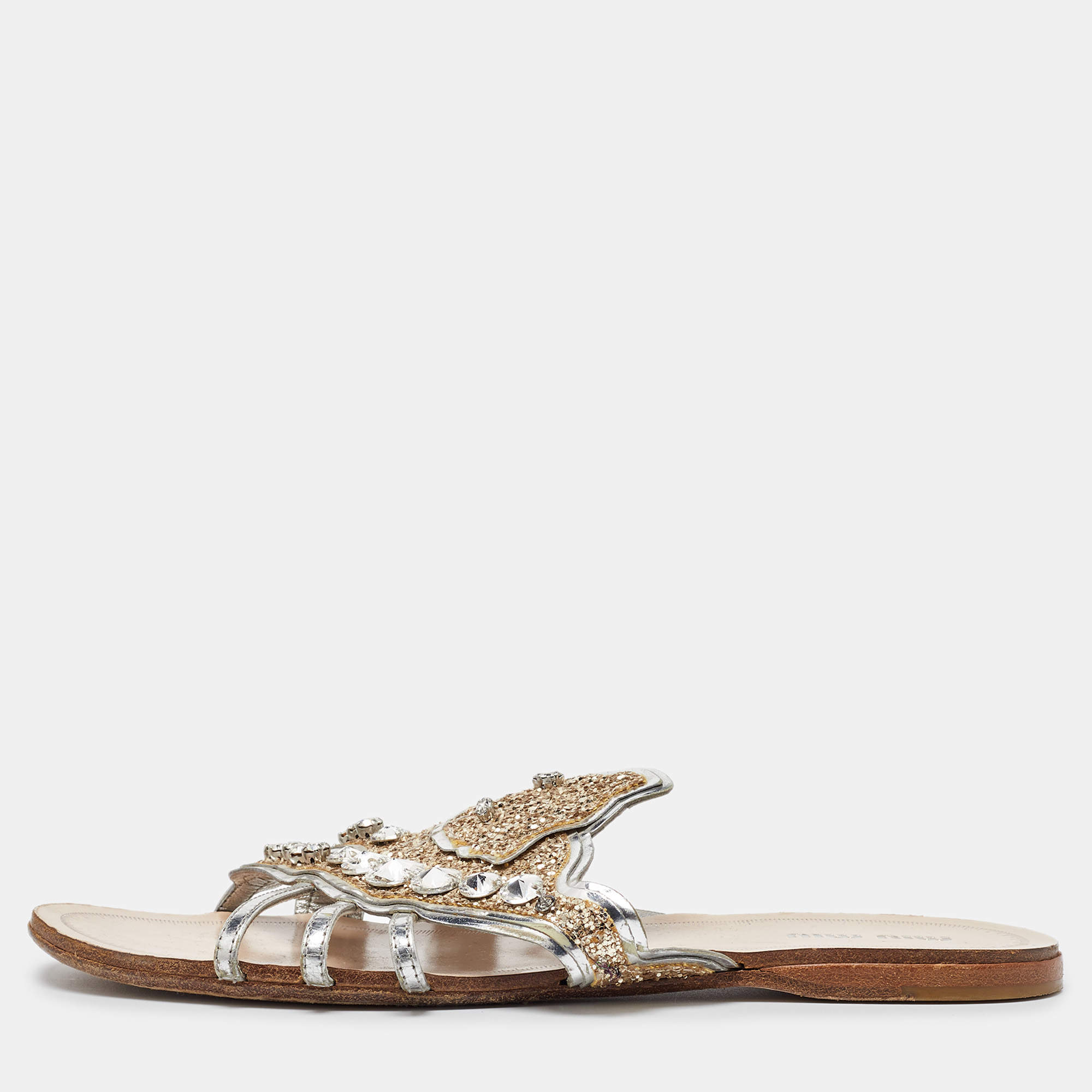 Miu Miu Silver Leather Crystal Embellished Flat Slides Size 37.5