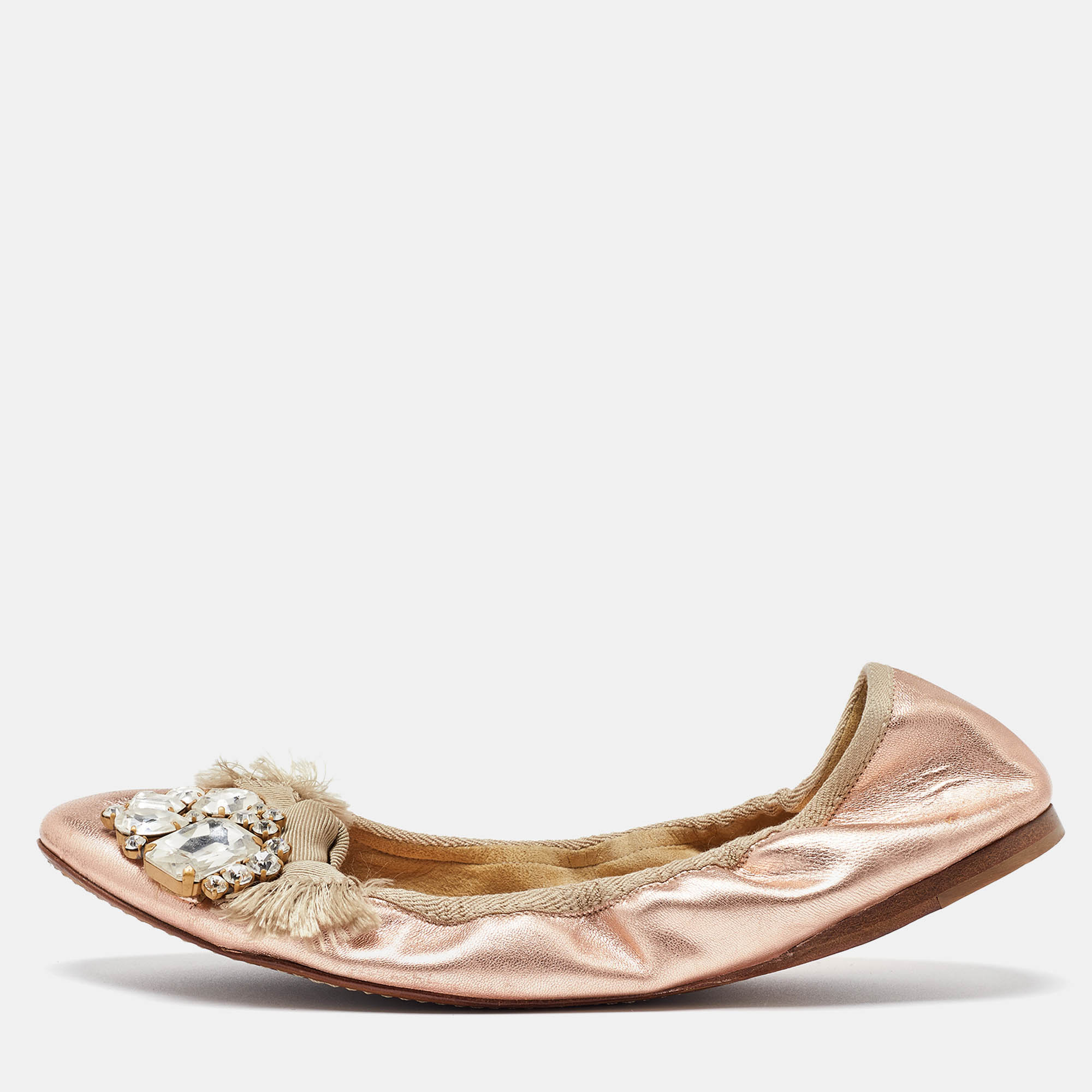Miu Miu Metallic Rose Gold Leather Crystal Embellished Scrunch Ballet Flats Size 38.5