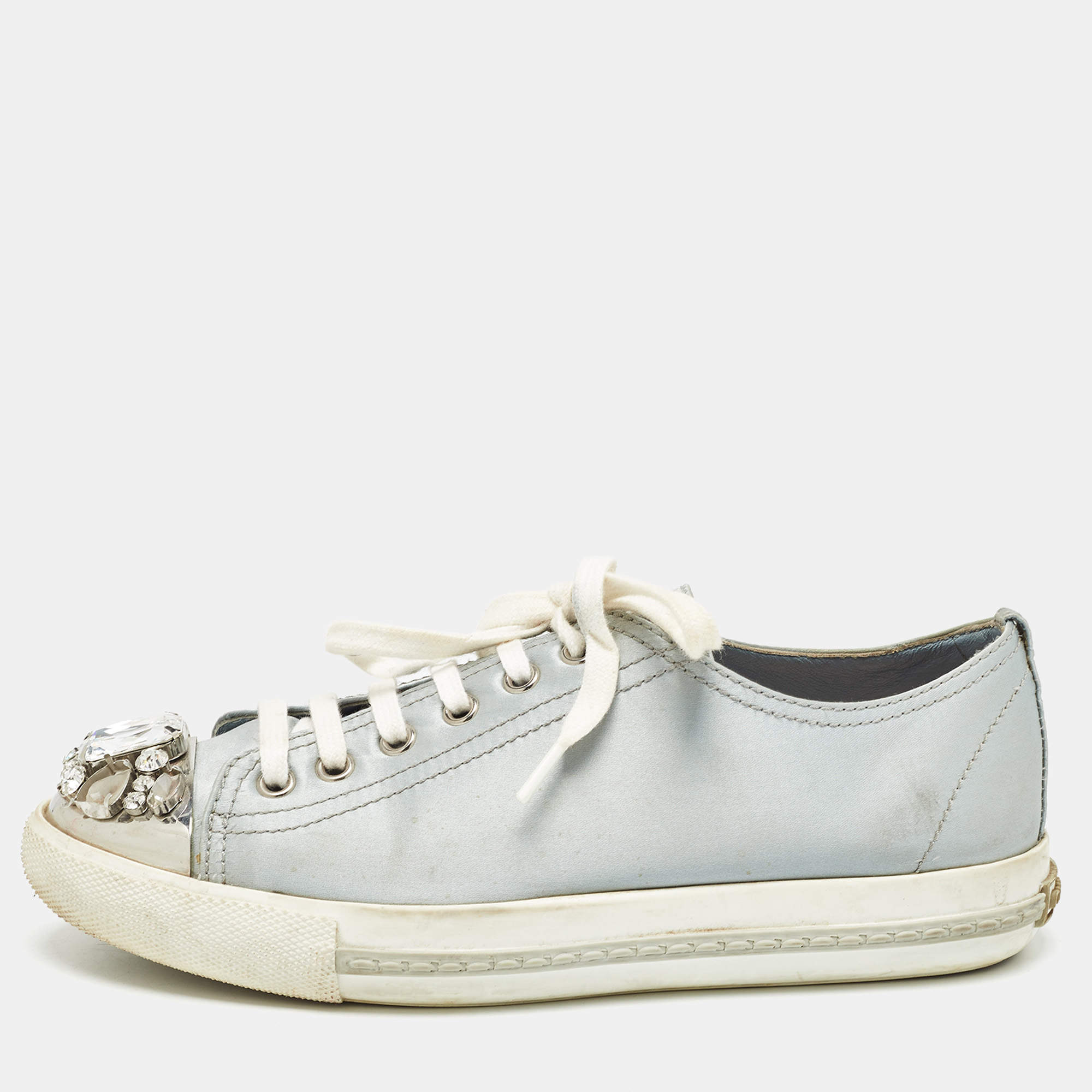 Miu Miu Grey Satin Crystal Embellished Cap Toe Lace Up Sneaker Size 37