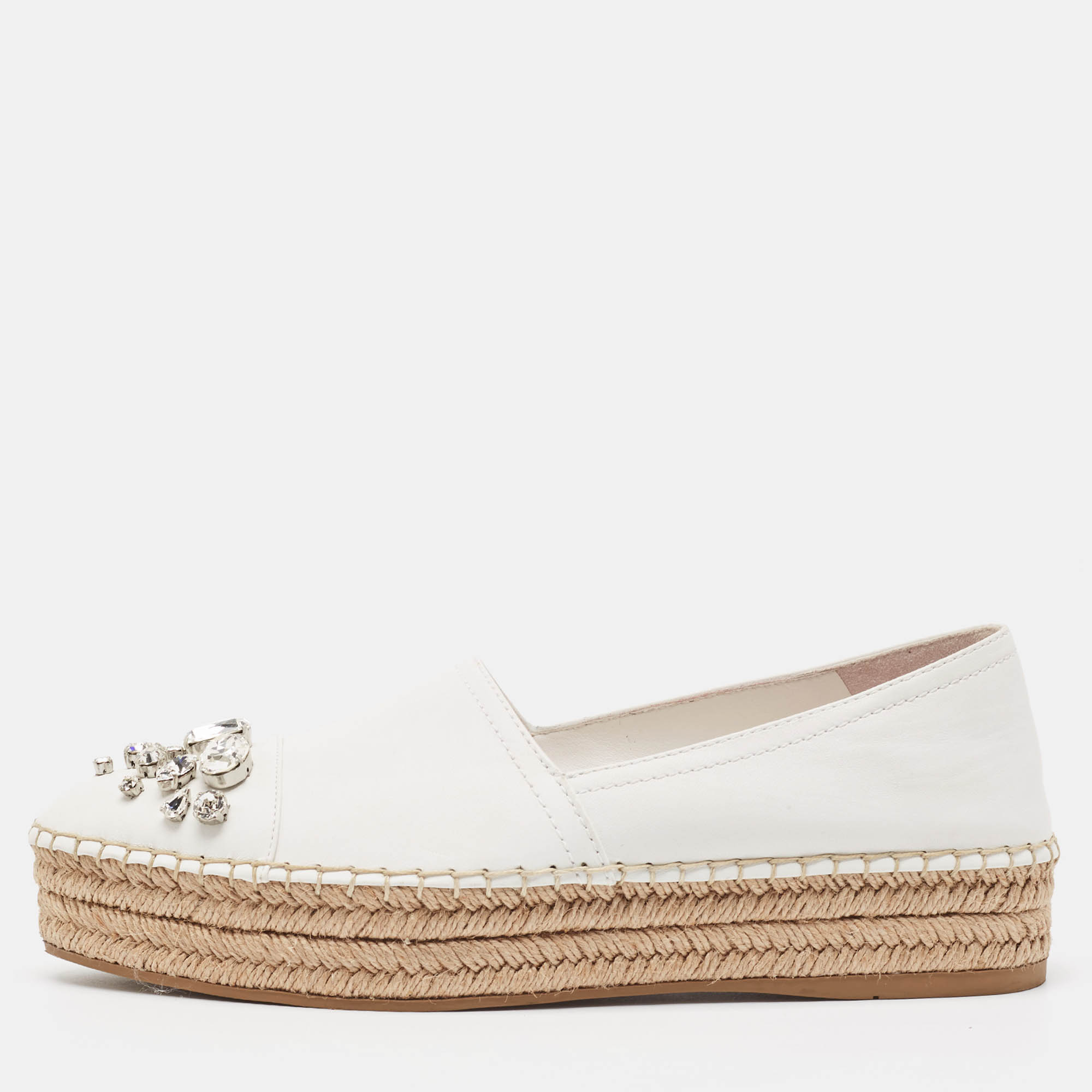 Miu Miu White Leather Crystal Embellished Espadrille Loafers Size 39 
