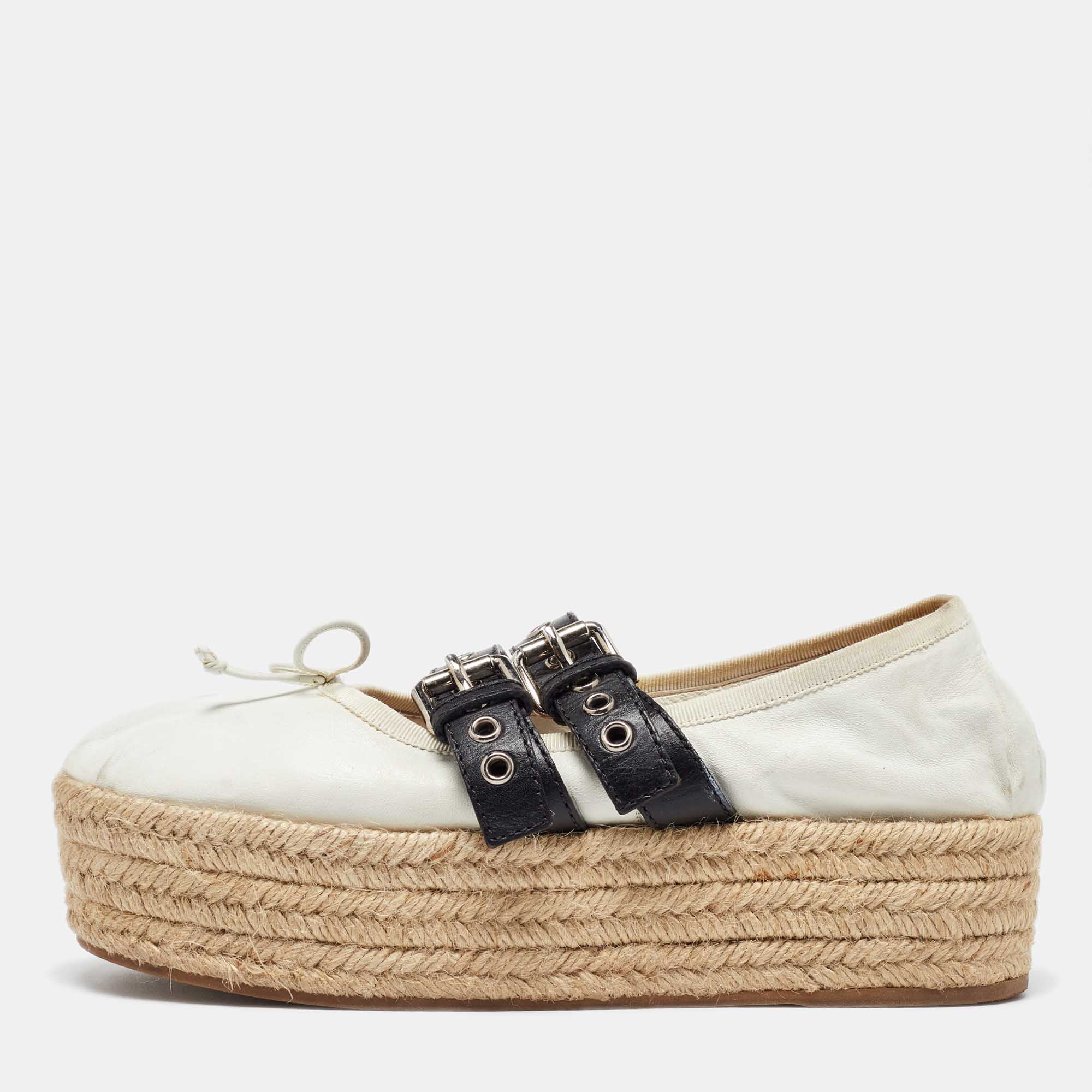 Miu Miu White/Black Leather Mary Jane Bow Platform Espadrille Ballet Flats Size 38.5