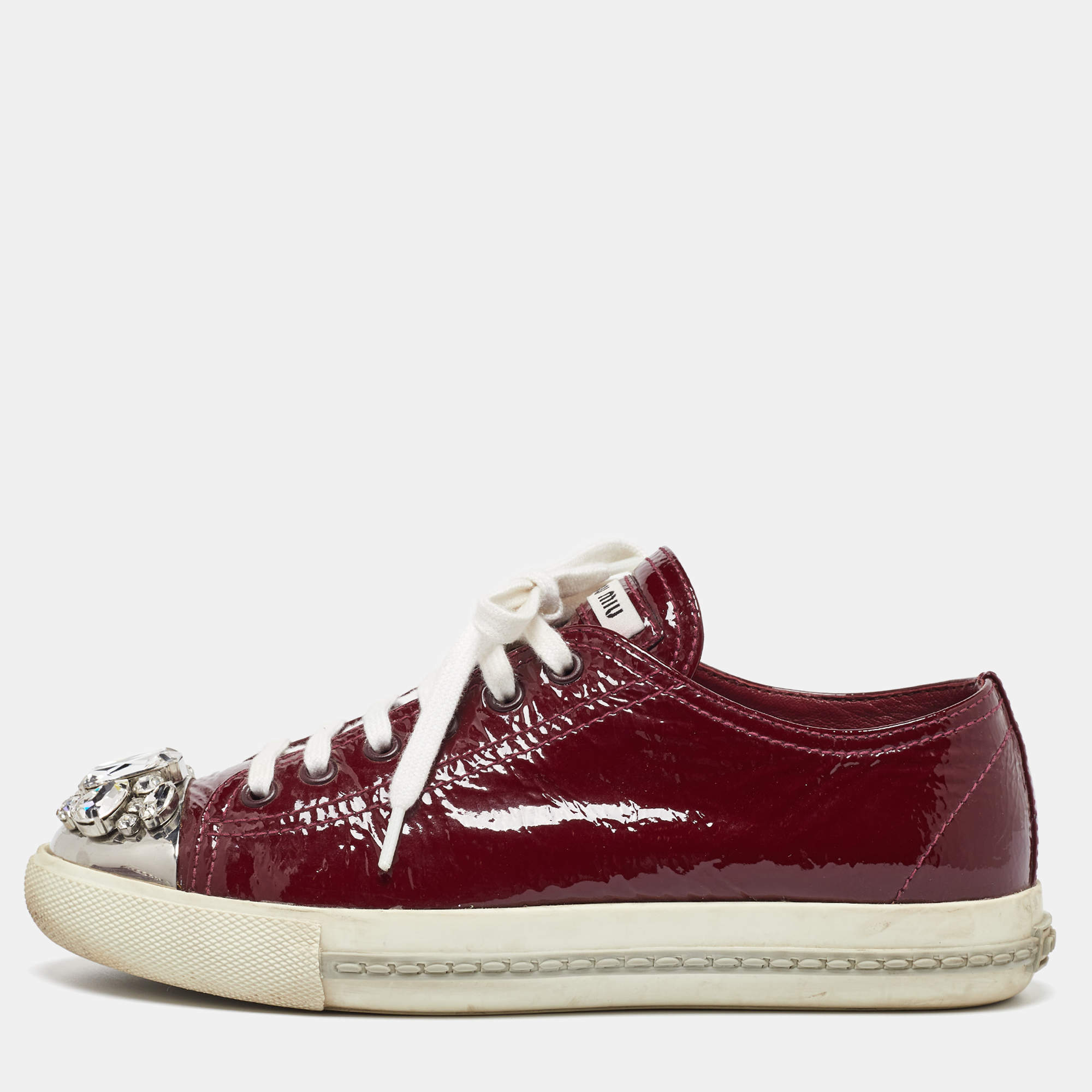 Pre Owned Miu Miu Burgundy Patent Leather Crystal Cap Toe Sneakers Size 37