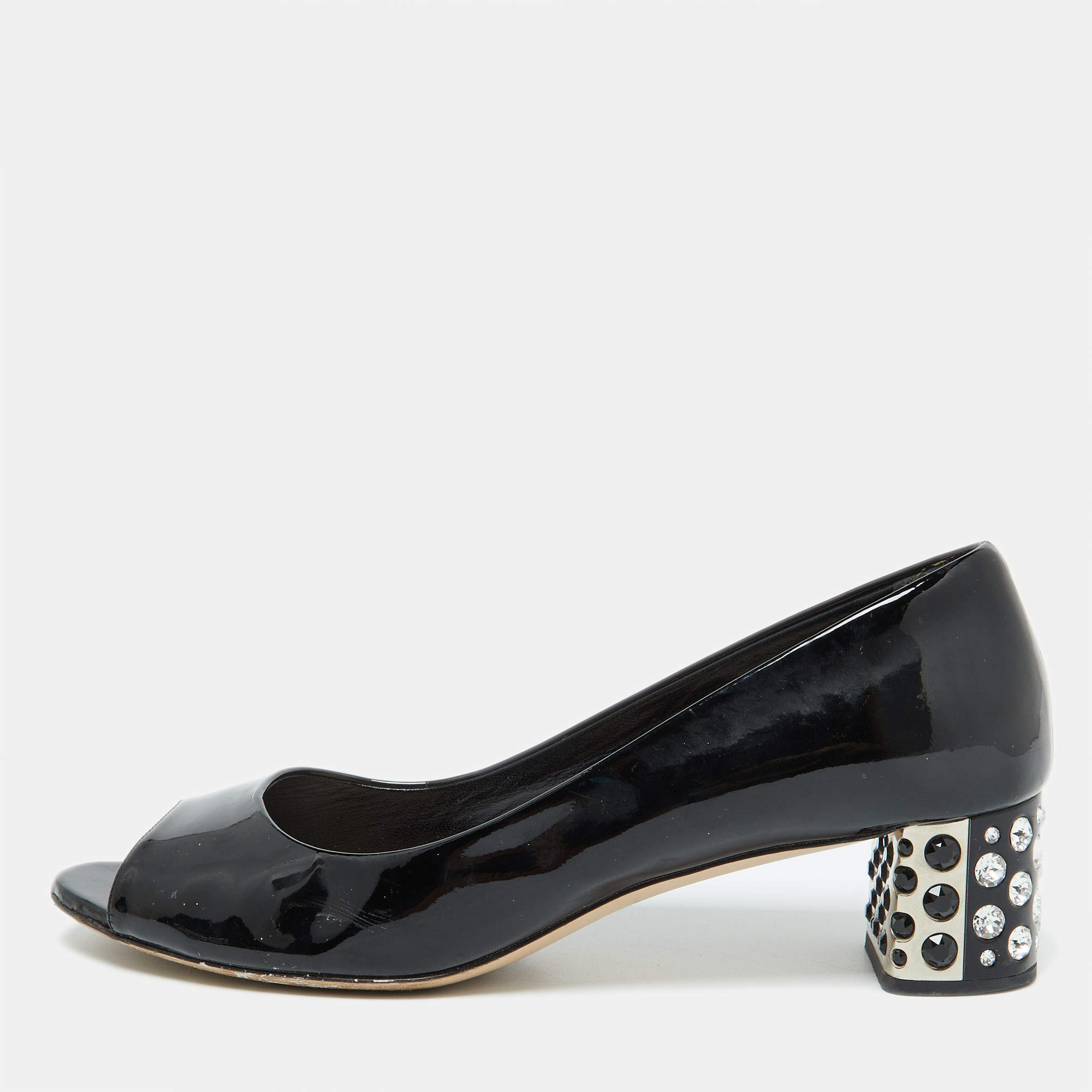 Miu Miu Black Patent Leather Crystal Embellished Block Heel Peep Toe Pumps Size 40.5