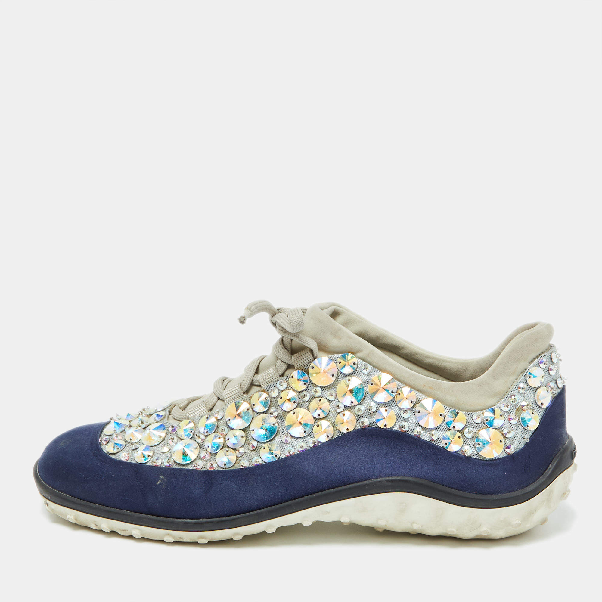 Miu Miu Grey/Blue Satin and Neoprene Astro Crystal Embellished Low Top Sneakers Size 40