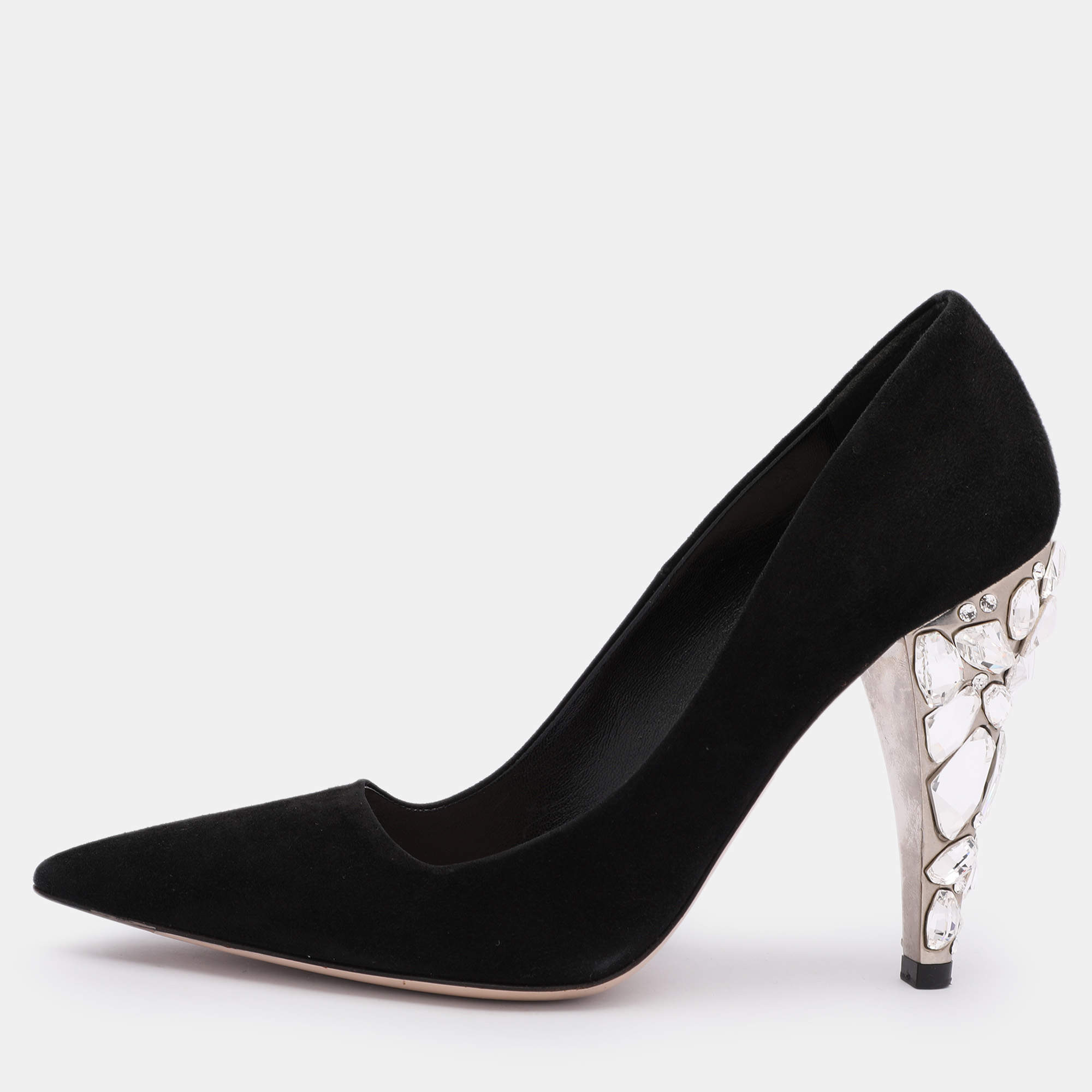 Miu Miu Black Suede Embellished Heel Pointed Toe Pumps Size 36.5