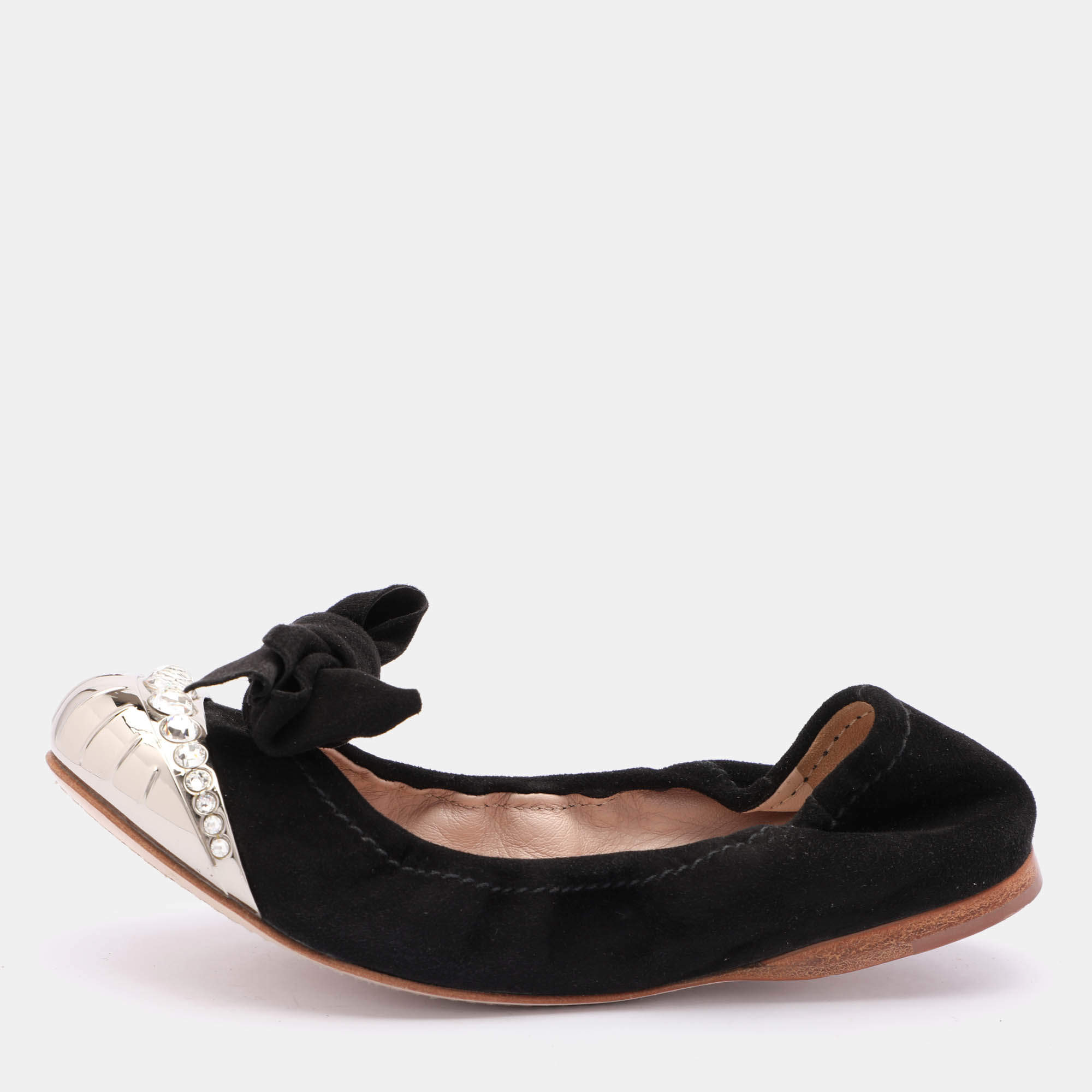 Miu Miu Black Suede Embellished Cap Toe Scrunch Ballet Flats Size 35