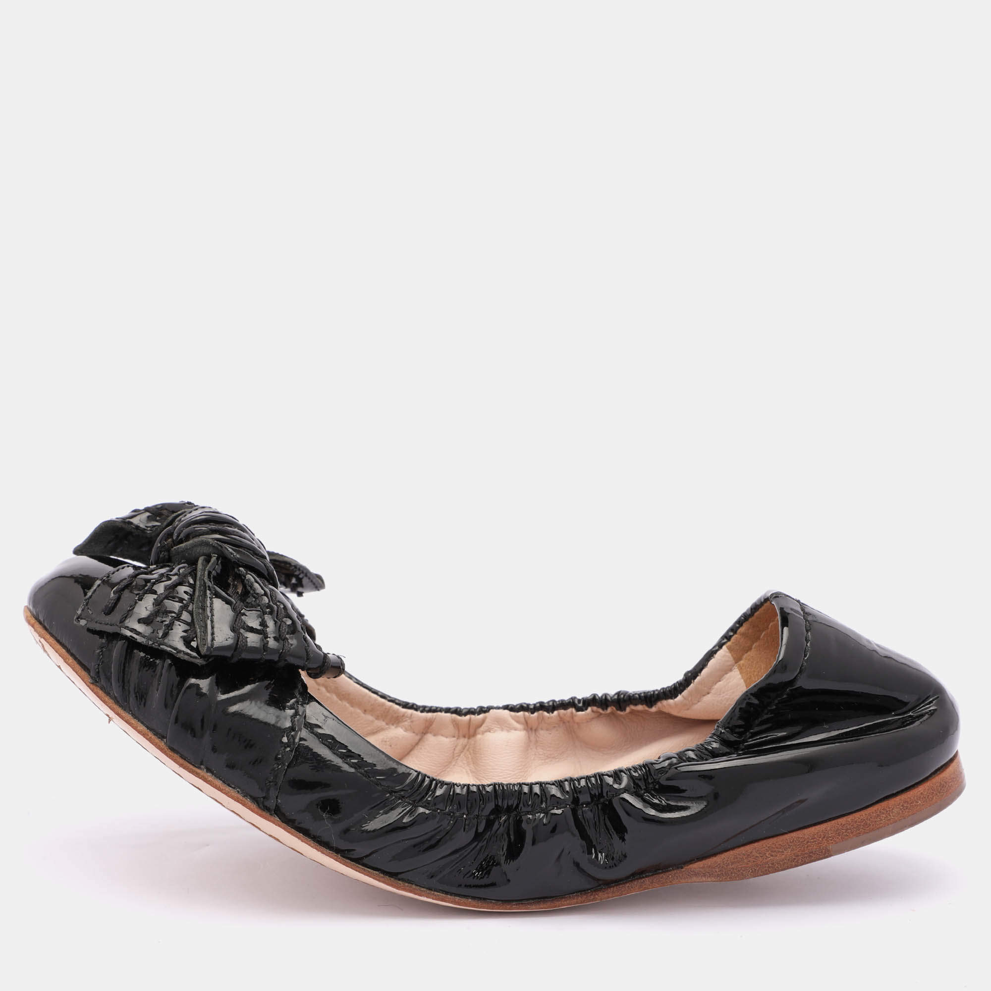 Miu Miu Black Patent Leather Bow Scrunch Ballet Flats Size 35.5