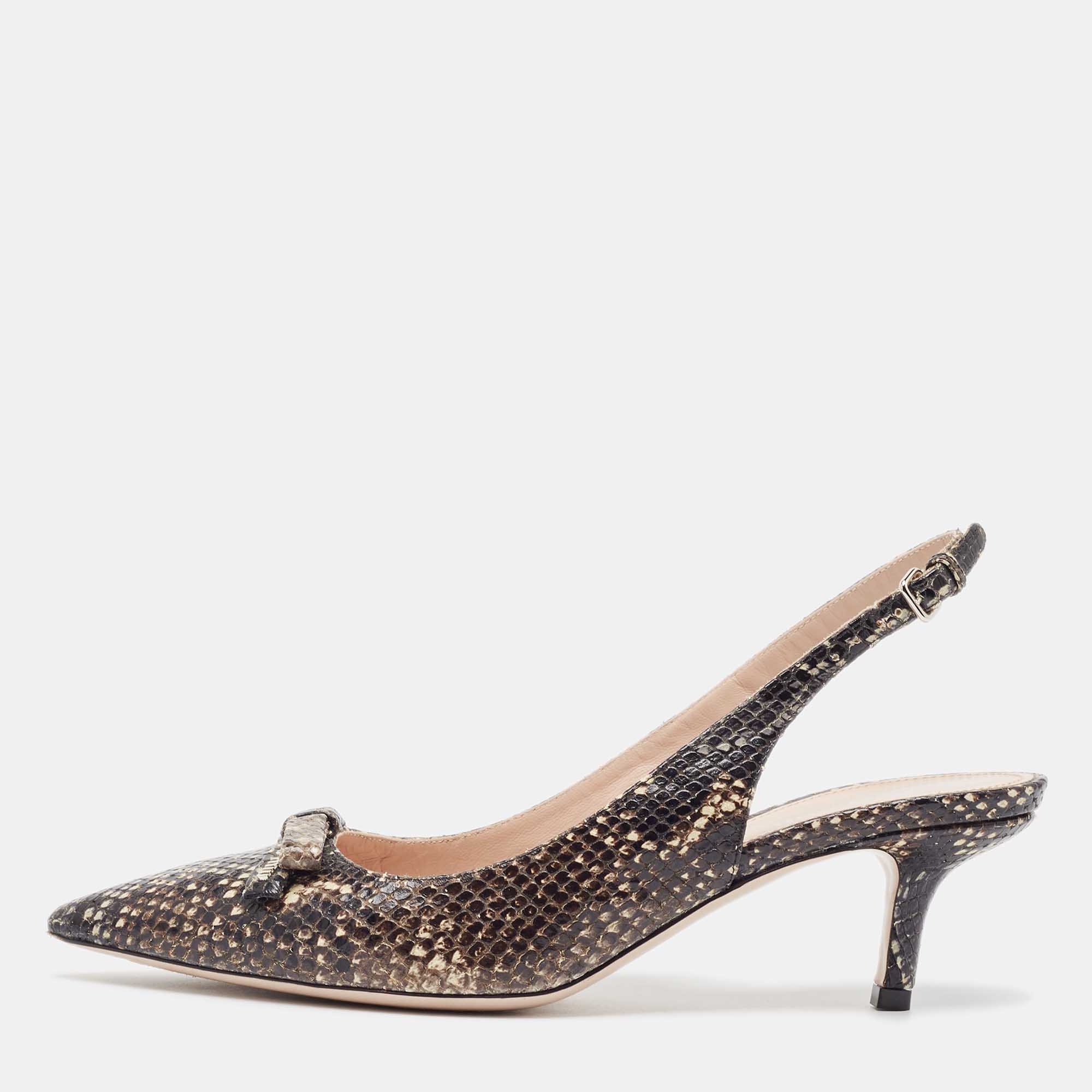 Miu Miu Black/Beige Embossed Snakeskin Bow Slingback Pumps Size 38.5