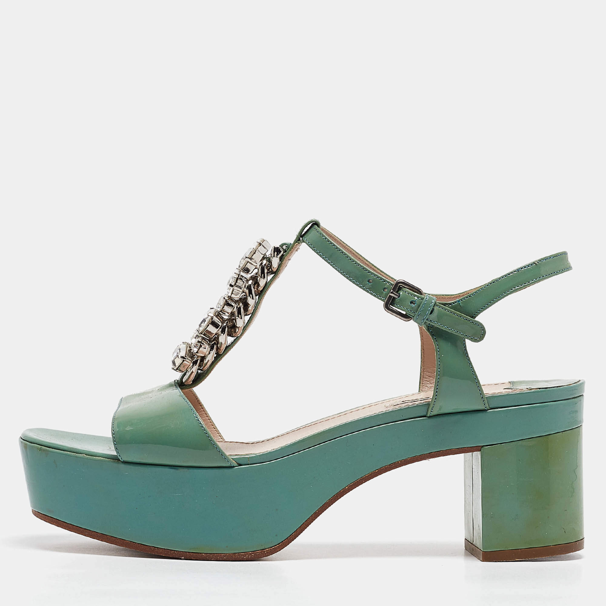 مملوكة مسبقًا Miu Miu Green Patent Leather Crystal Embellished Platform Ankle Strap Sandals Size 41