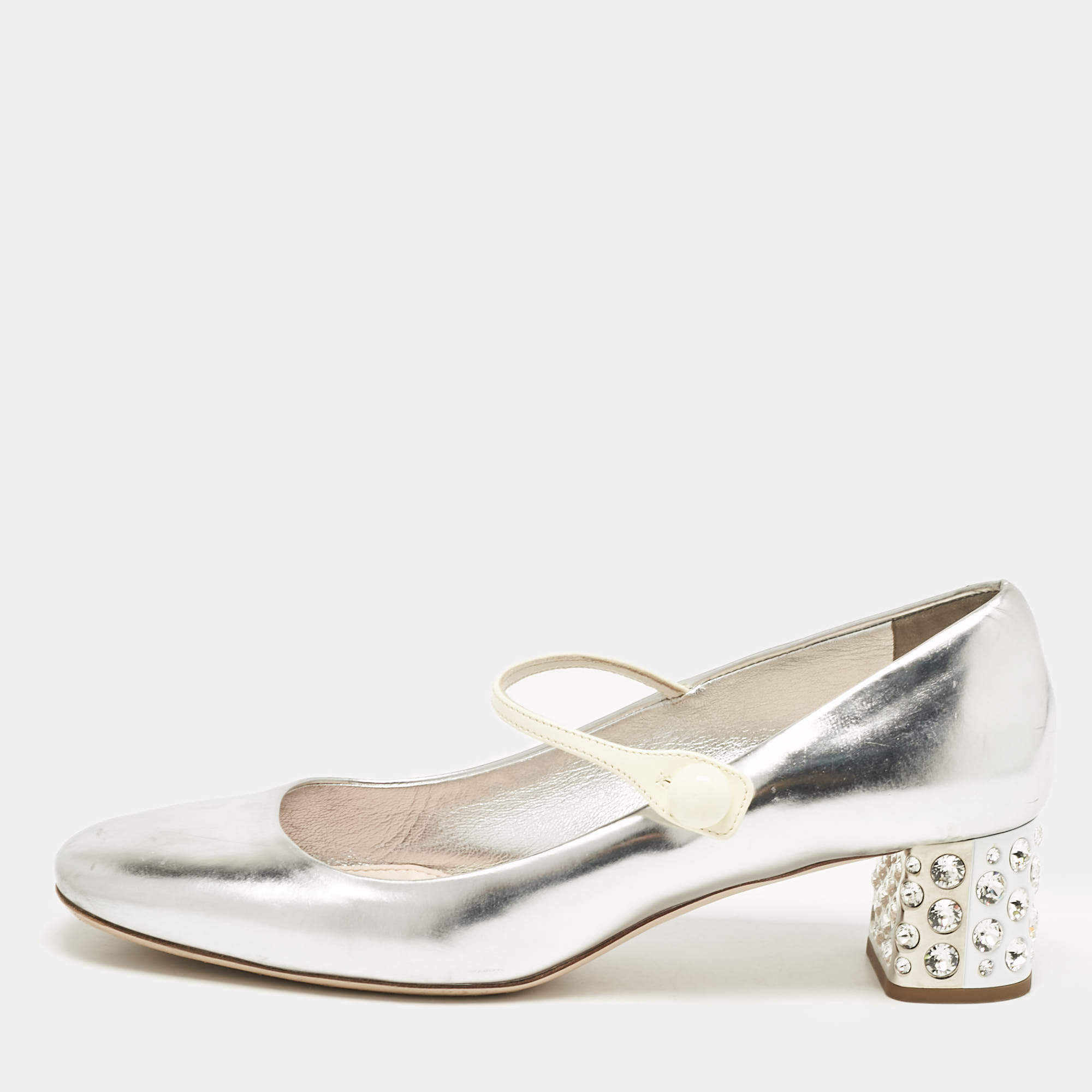 Pre Owned Miu Miu Silver Leather Mary Jane Pumps Size 37