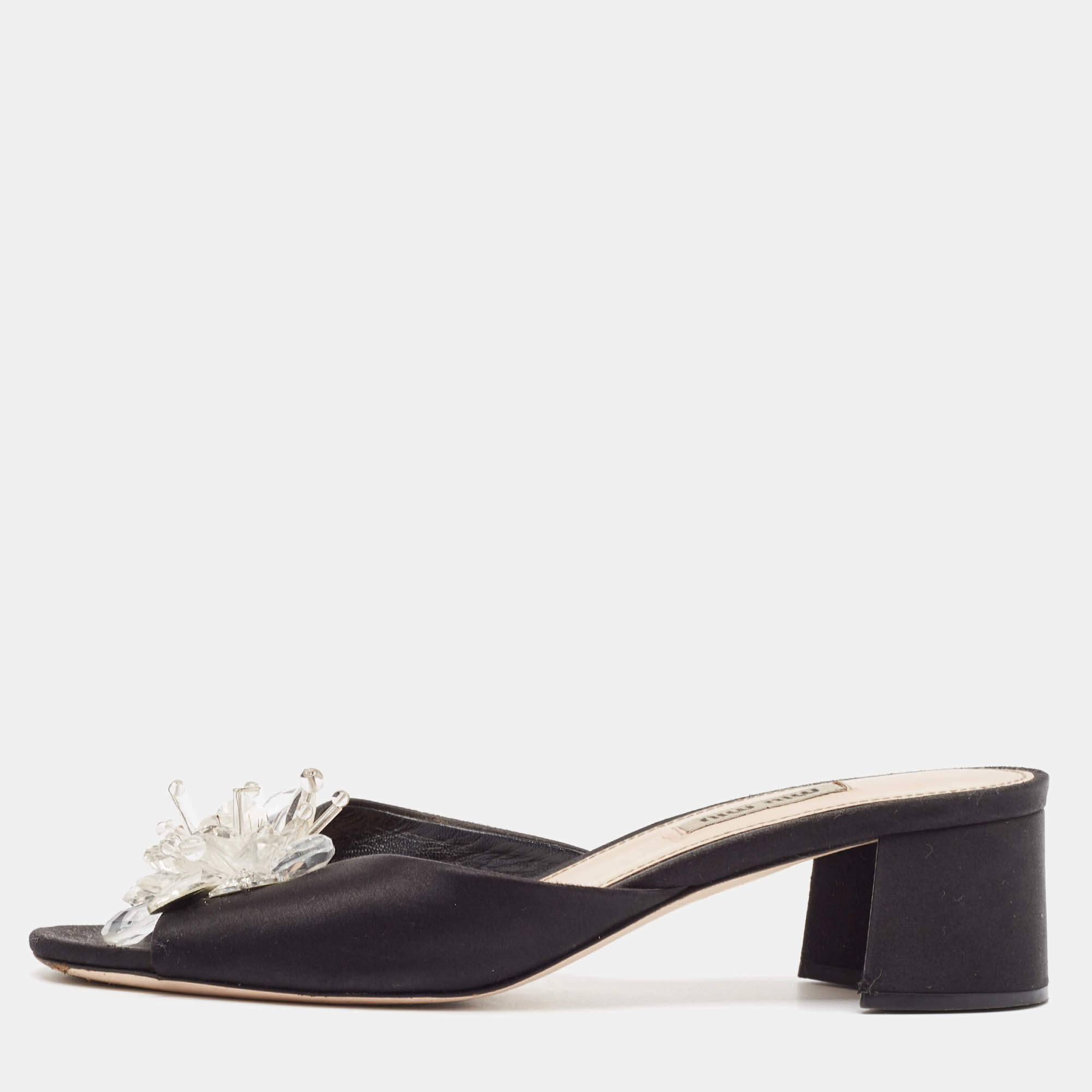 Miu Miu Black Satin Embellished Slide Sandals Size 38.5