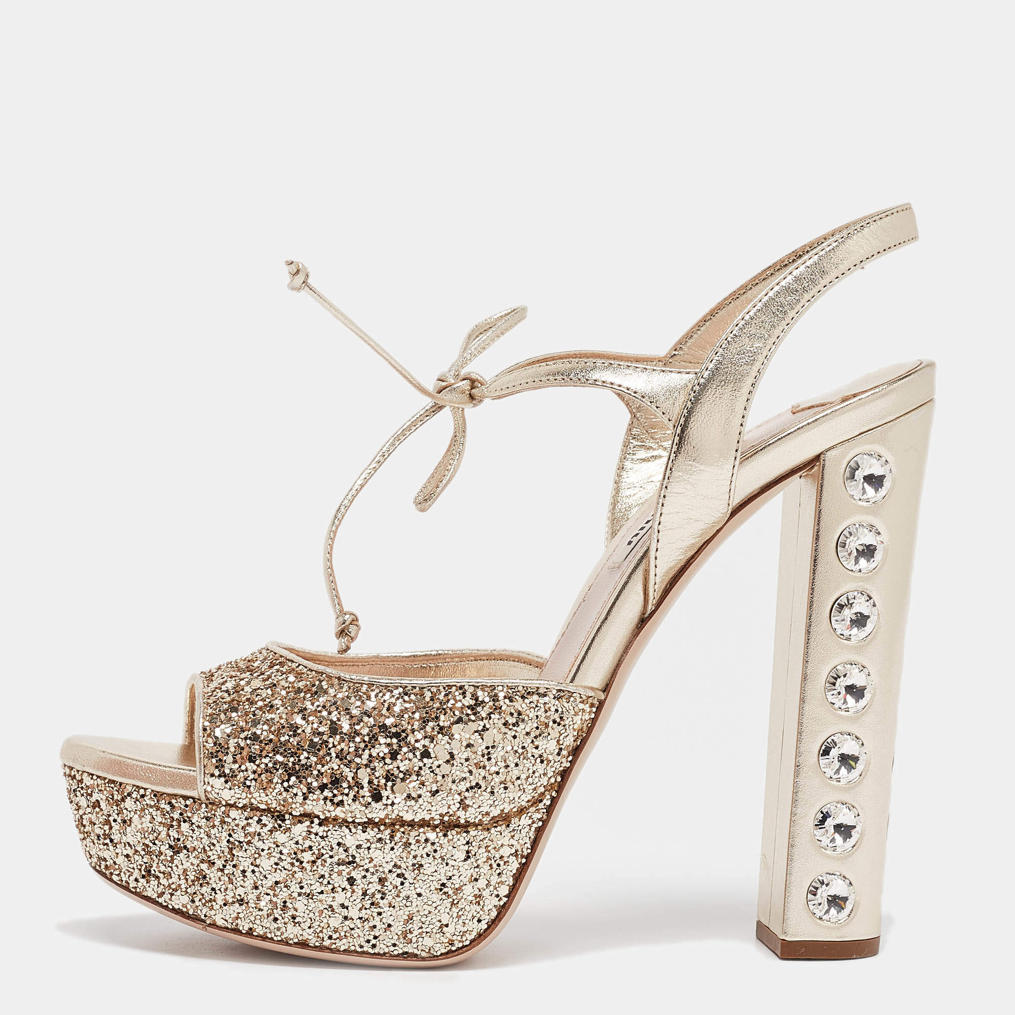 Pre Owned Miu Miu Gold Glitter Leather and Glitter Ankle Strap Sandals Size 37.5